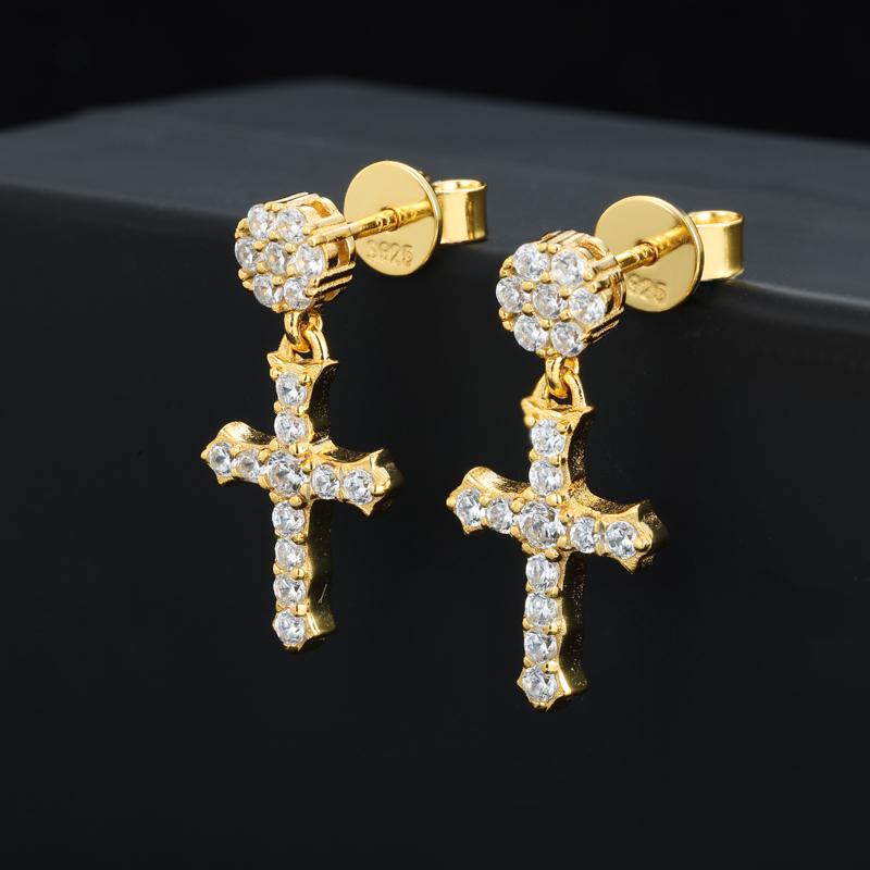 【#E536】Mother's Day gift Iced Out Cross Drop Earring With Flower Stud UCCIYO Synthetic Moissanite Earrings For Women 925 Sterling Silver Stud Earring Men Hip Hop Jewelry Couple Gift