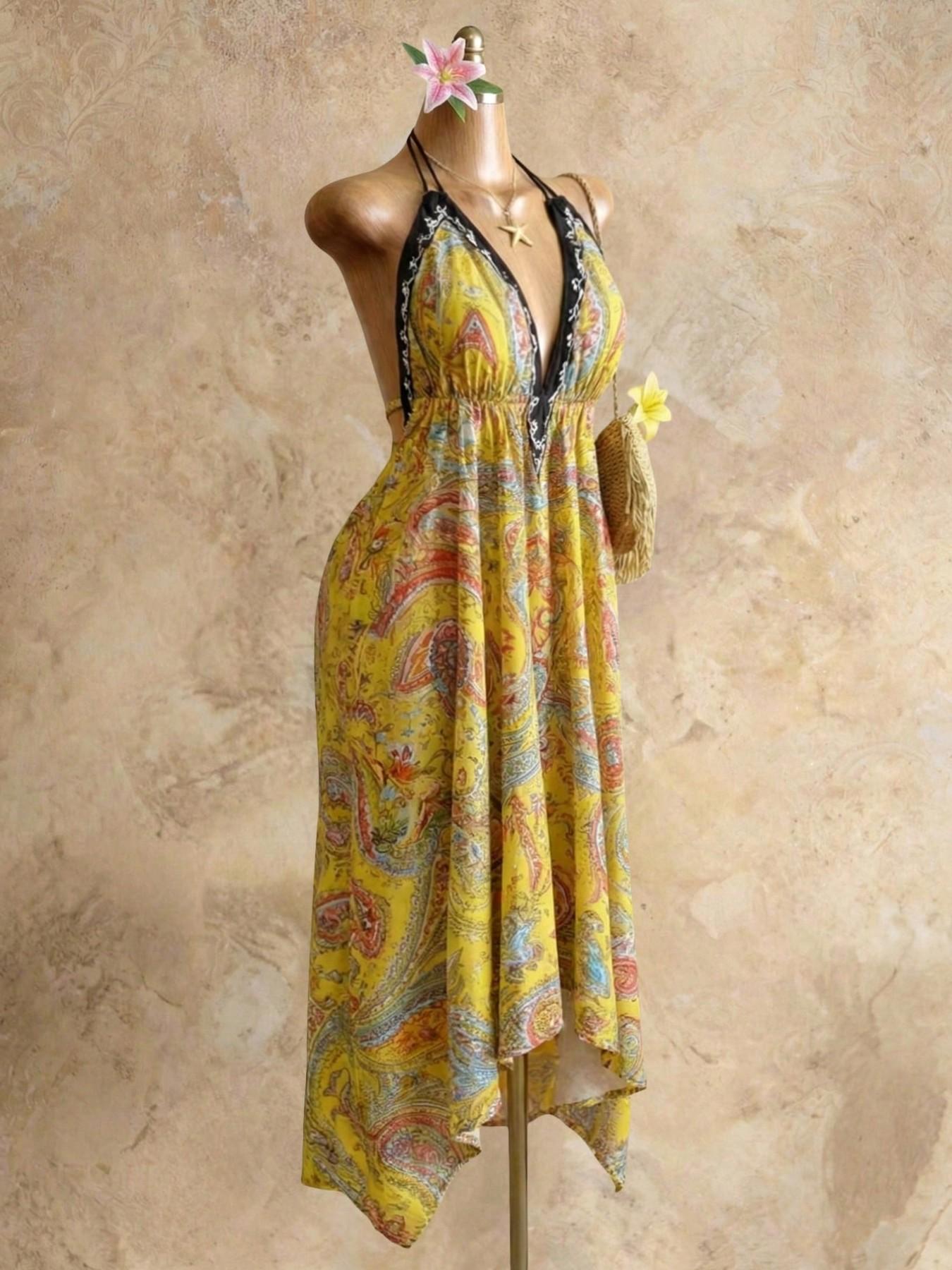 Women's Summer Boho Print Halter Long Dress, Deep V Backless Waist Cinch Sexy Dress, Perfect for Beach Vacation, Date, Daily Wear, Hiking, Boho Printed Dress