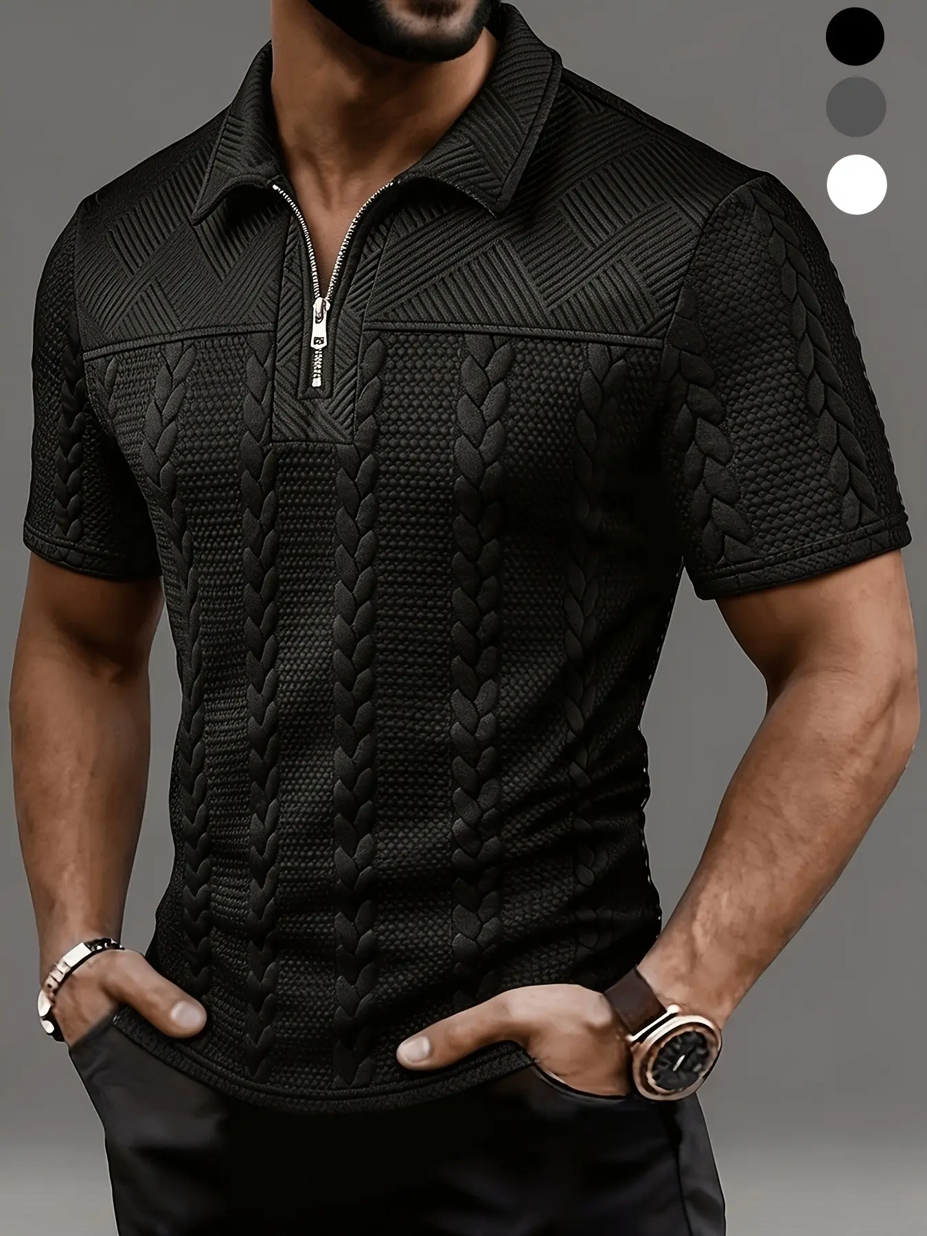 1Pc Men's Half Zip Collared Short Sleeve Polo Shirts, Top Menswear, Light Luxury Casual Style, Spliced 3D Cable Jacquard Fabric, Front Metal Half Zipper Placket, Contrast Textured Lapel, Slim Stretch Fit, For Business Commute & Holiday Travel