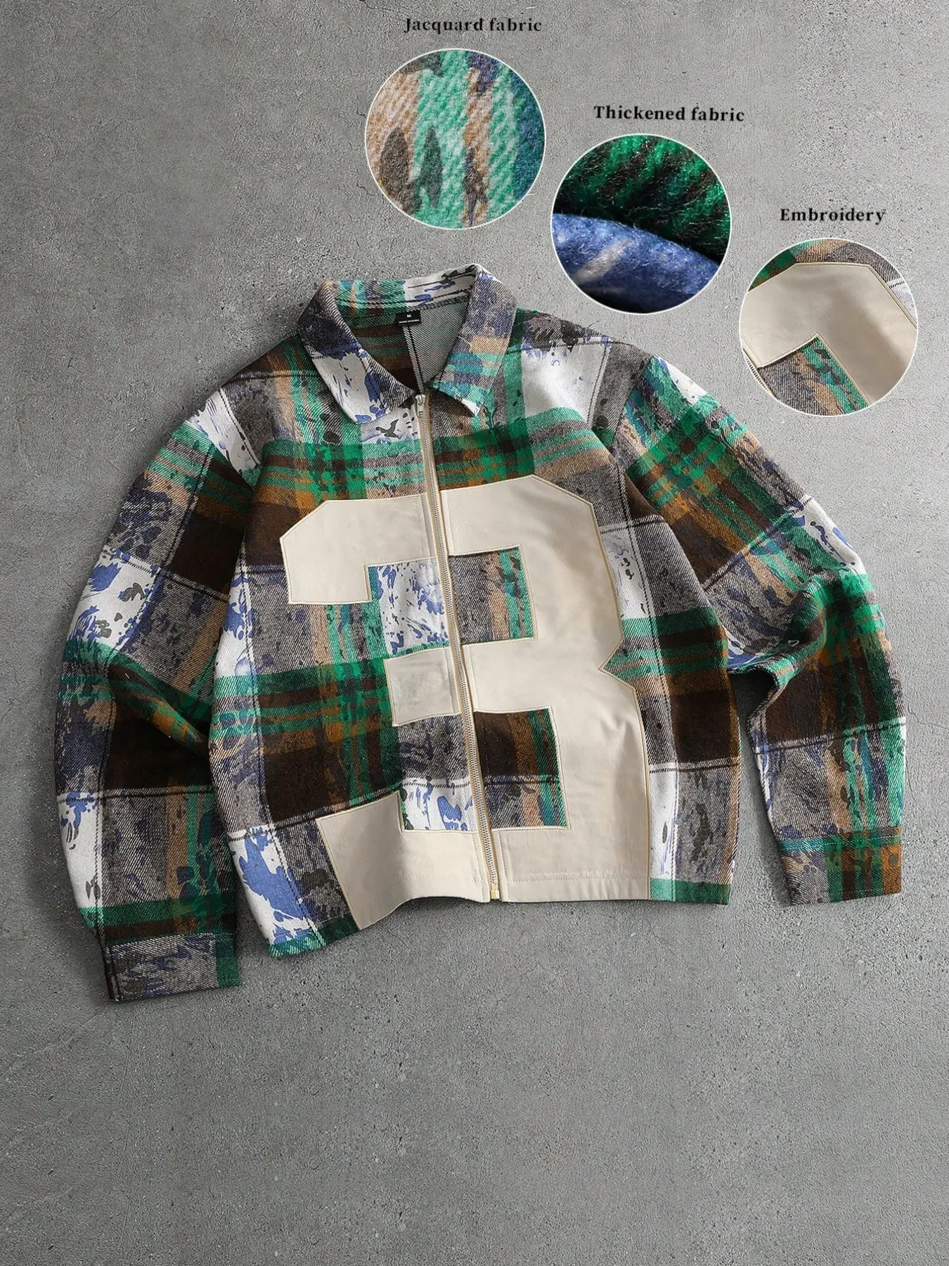 Trendy Vintage Plaid Patchwork Jacket, Distressed Blue Grid, Modern Splicing Design, Loose Fit, Essential Streetwear Outerwear