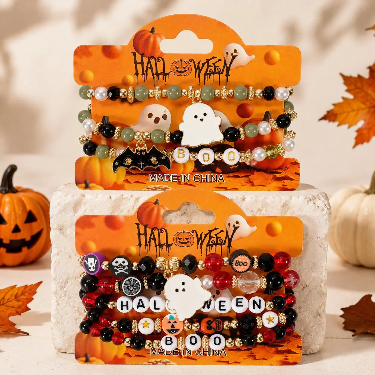 Multi-layer Halloween Bracelets Set For Men Women, Charm Elastic Polymer Clay Beaded Bracelets Cute Ghost, Funny Black Bat Creative Pendants Beaded Bracelet Holiday Costume Bracelet Party Supplies Jewelry Halloween Gift
