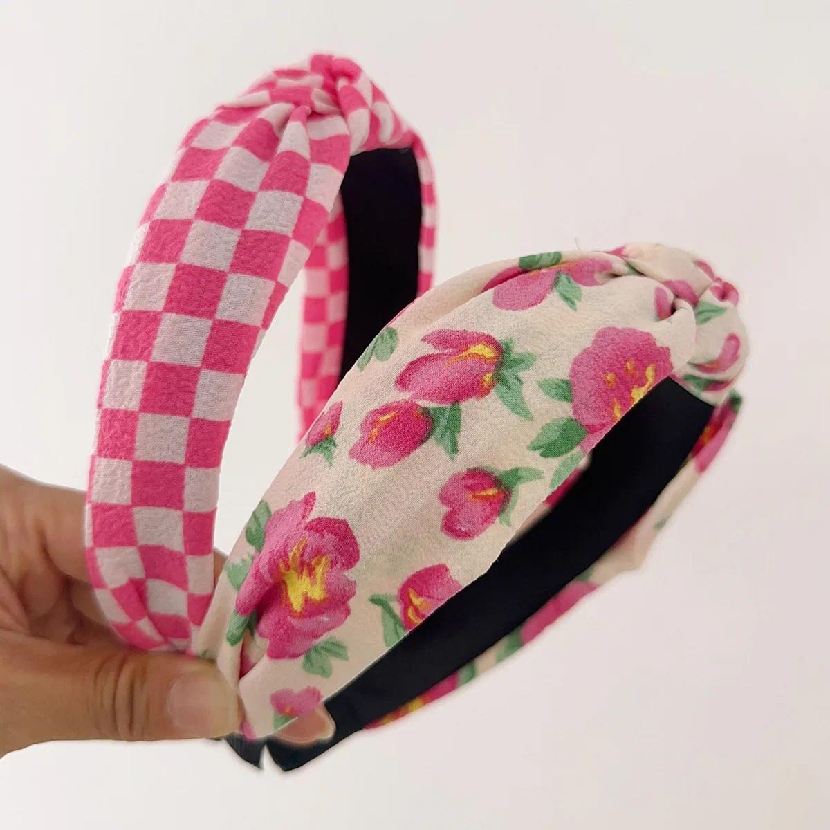 Fabric Hair Bands Wide Edge Sweet Elegant Valentine's Day Hair Accessories New Pink System Pearl Checkerboard Flowers