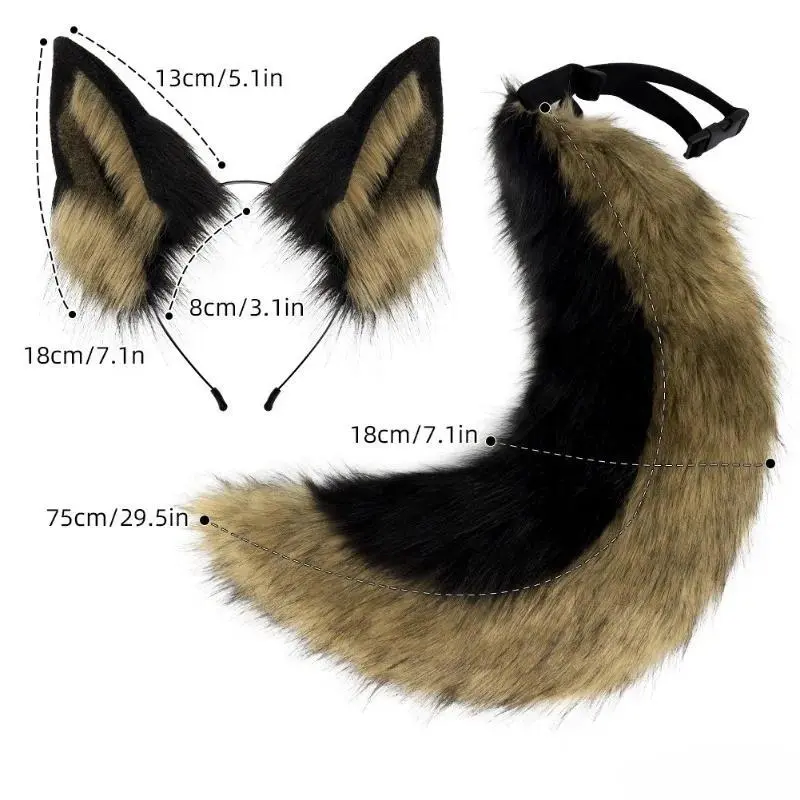 2Pcs/set Animal Fursuit Ears Tail Halloween Party Cosplay Headwear Plush Beast Wolf Tails Fox Ears Hair Band Furry Dog COS Tail