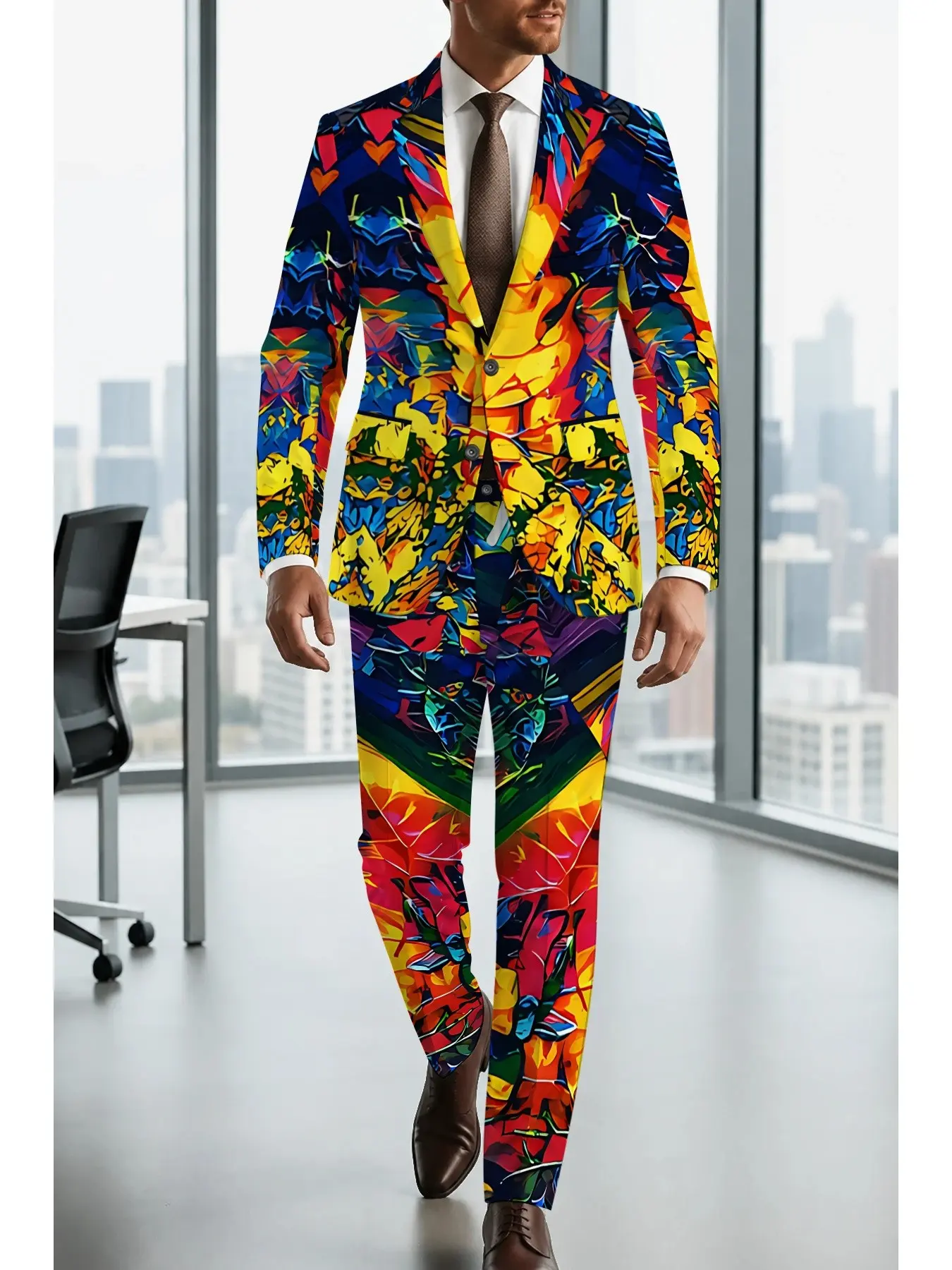 Men's colorful abstract oil painting floral print suit set, bold contrasting art patterns, slim fit, suit jacket paired with trousers, perfect for stage parties and unique stylish outfits.