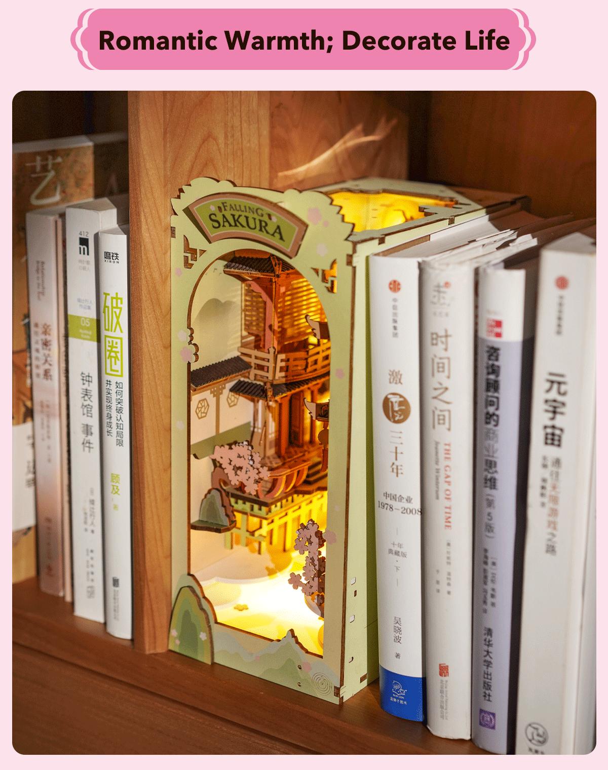 Robotime Rolife Book Nook Kits for Adults,3D Wooden Puzzle Bookshelf Decor Insert Alley DIY Miniature Booknook Model Craft Kits for Adults Gifts with LED on Birthday Christmas TGB05 Falling Sakura