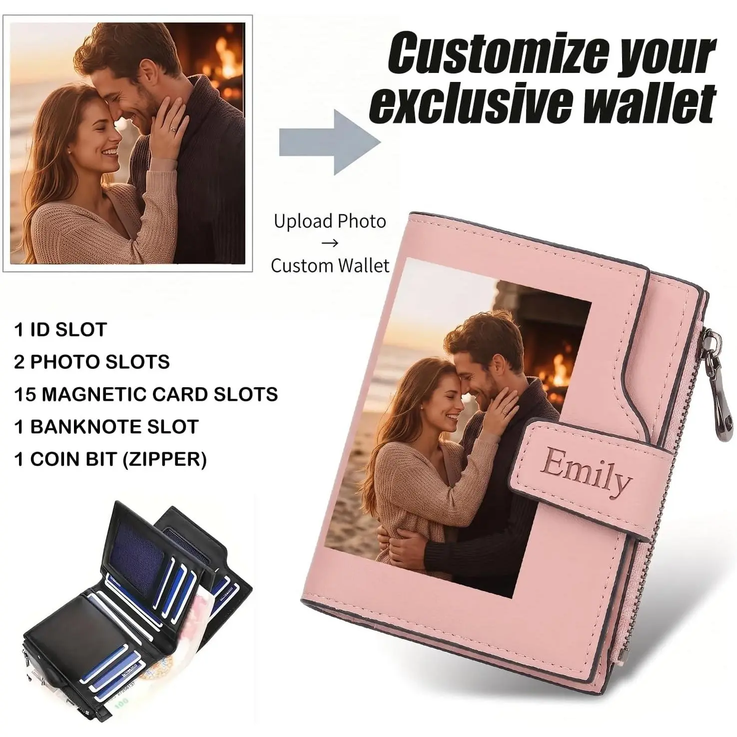 Personalized Wallet with Photo, Pink Leather Card Holder, Custom Your Photo,Women’s Wallets, Christmas, New Year, Birthday Gift for Mother