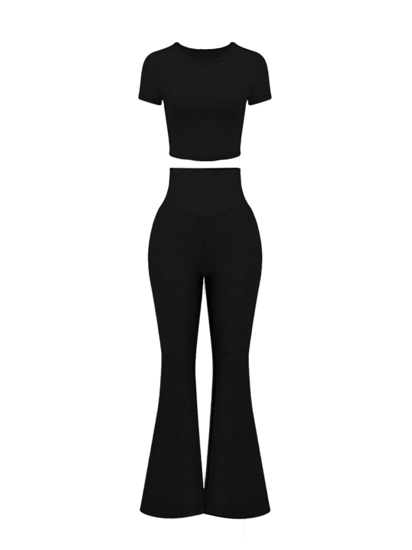 Women's Solid Loungewear Set, Casual Short Sleeve Crop Top & High Waist Flare Leg Pants, Ladies Sleepwear for All Seasons, Pajama Set