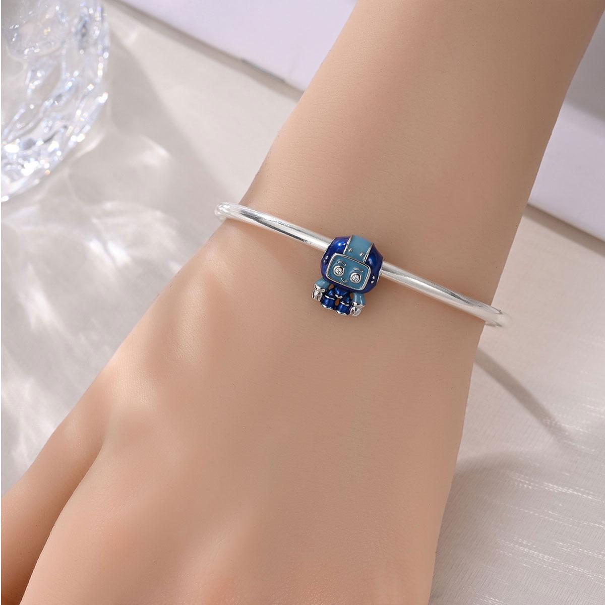 Cute Robot Charm, Blue Enamel & Crystal Eyes, Techy Kawaii Jewelry, Perfect for Pandora Bracelet, Unique Gift Idea