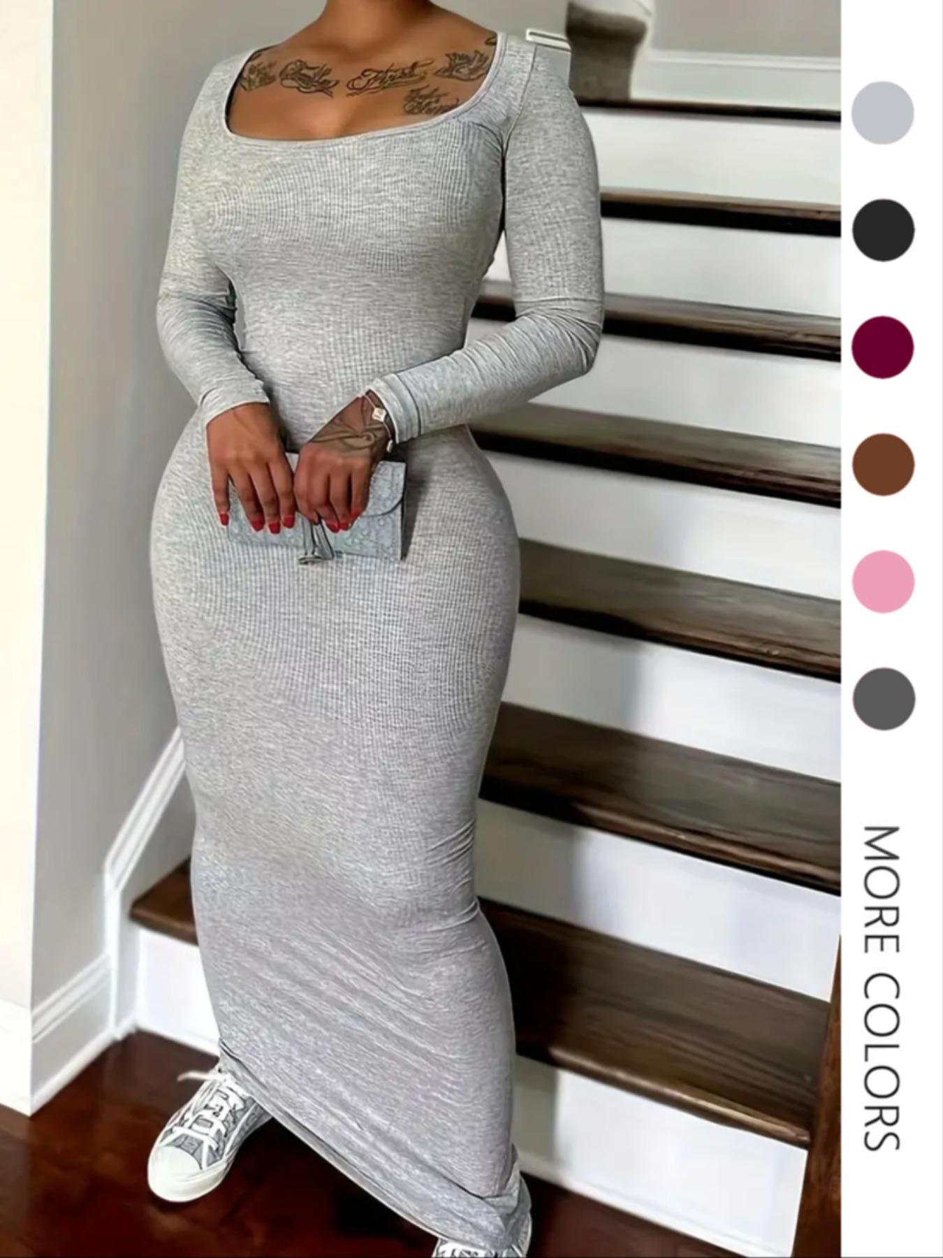 Women's Solid Scoop Neck Ribbed Bodycon Dress, Casual Long Sleeve Long Dress for Fall & Winter, Women's Clothing for Daily Wear