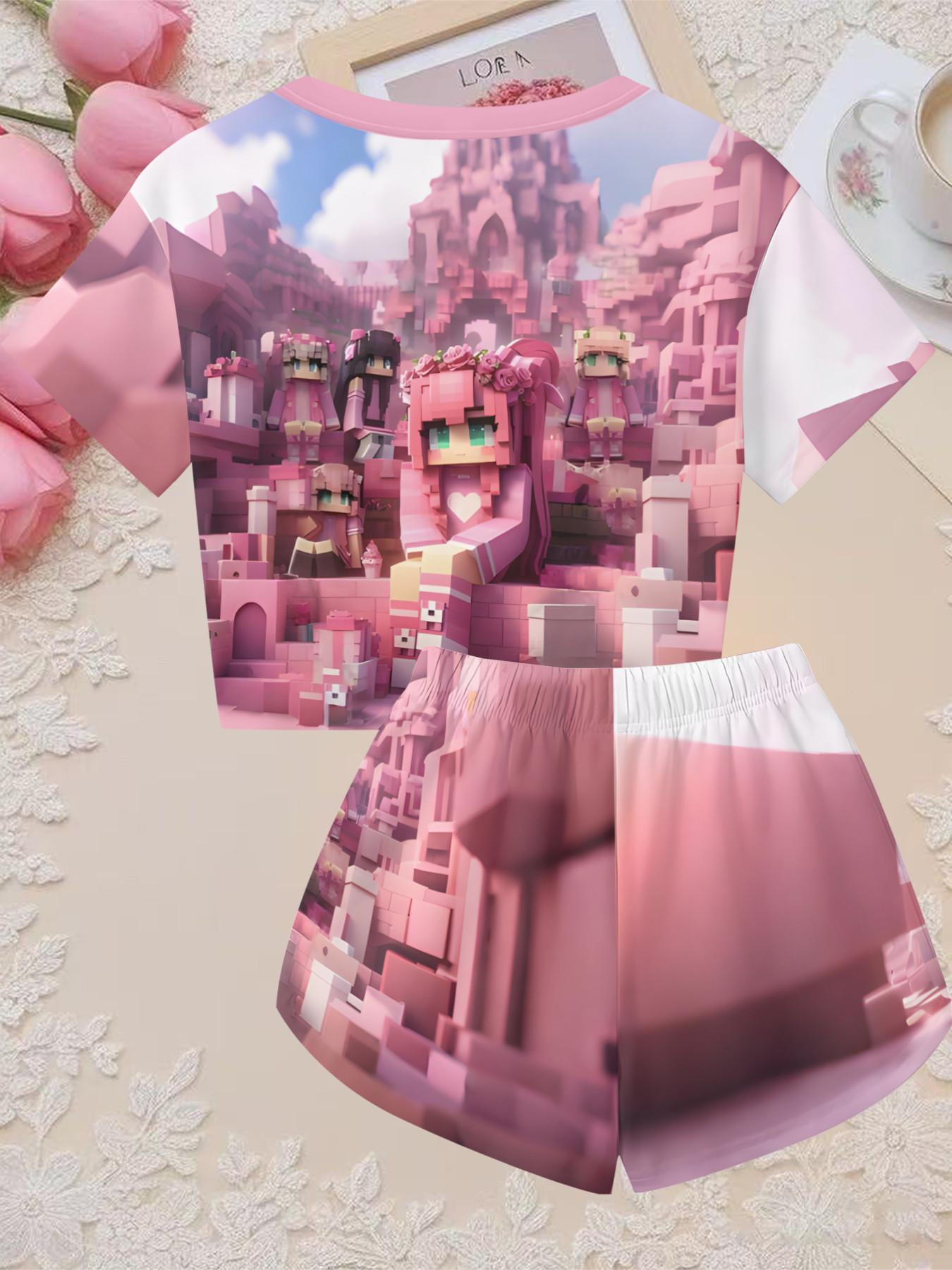 Girls' 3D Short Sleeve Set, Pixel Block Minecraft Cartoon Print Two-Piece, Perfect for Parties, Festive Gifts, Birthday Presents