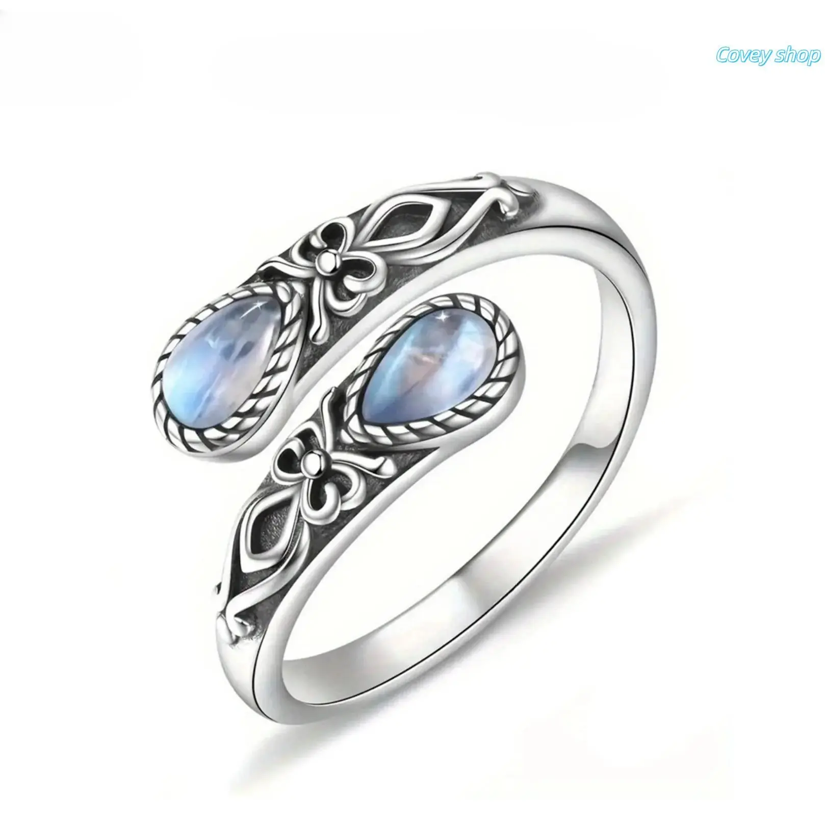 Vintage Floral Spiral Open Ring, Pear‑Shape Moonstone Retro Carved Jewelry, Adjustable Statement Ring, Minimalist Accessory For Daily Wear, Birthday & Mother’s Day Gift For Women