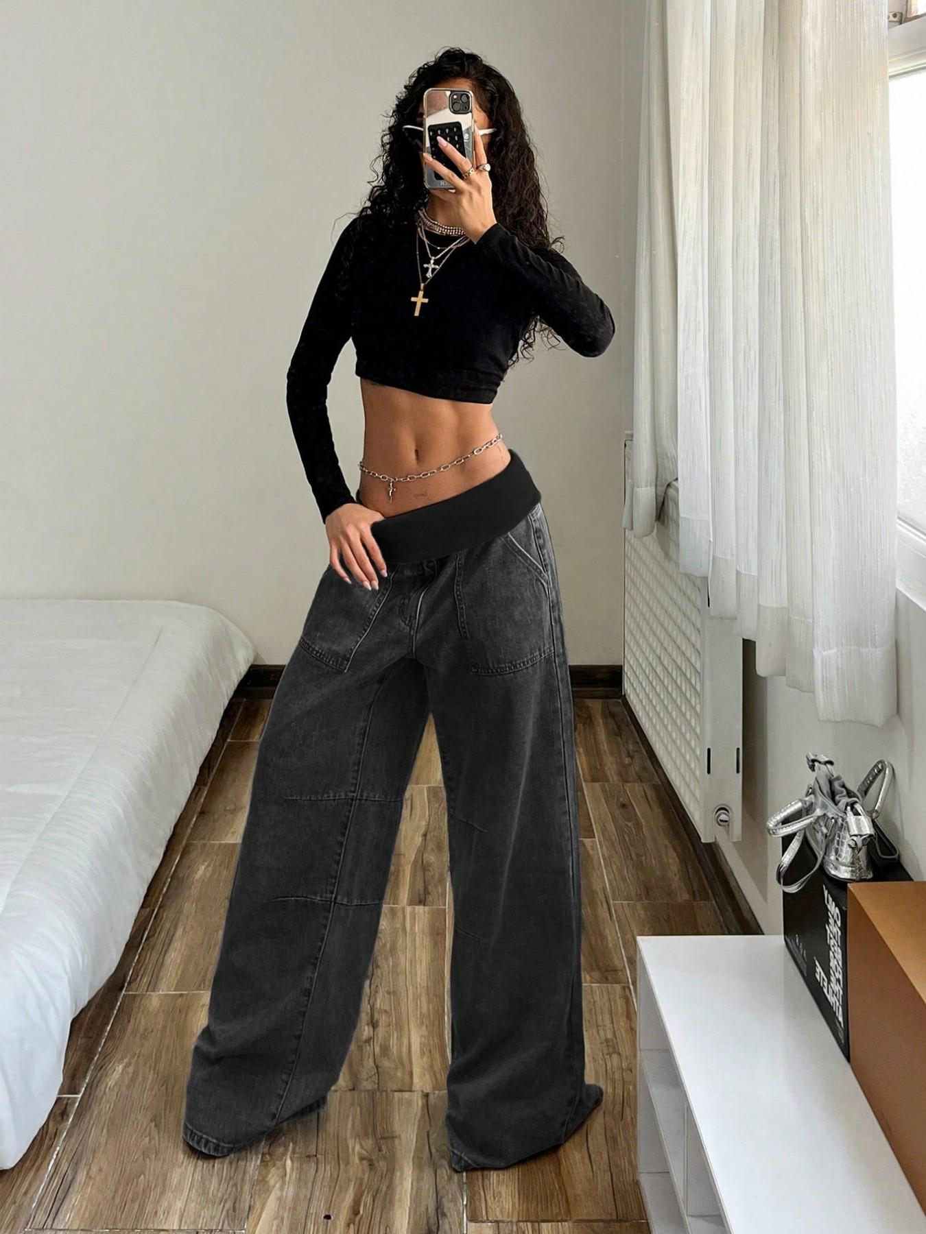 Women's Elastic Waist Oversize Loose Jeans, Four-Season Street Style Wide Leg Pants with Pockets, Casual Y2K Fashion for Outdoor Wear Bottoms, Streetwear