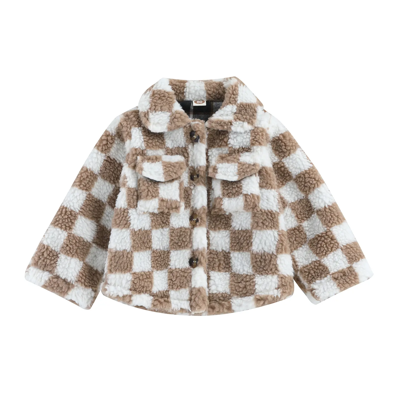 Toddler Baby Little Boy Girl Fleece Lapel Checkerboard Button Down Jacket Sherp Coat Fuzzy Shacket Warm Outwear Fall Winter 6M-4T