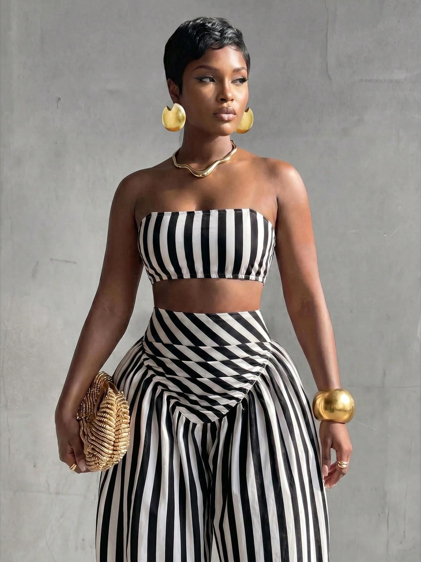 Women's Striped Cropped Tube Top & Loose Jogger Pants 2pcs Set, Summer Vacation, Comfortable Casual Tropical Style