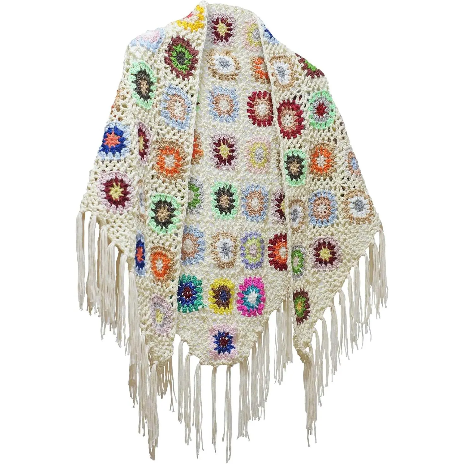 66x29in  Crochet tassels Fringed Poncho Cape Shawls Wraps Granny Square Womens Coat Sweater