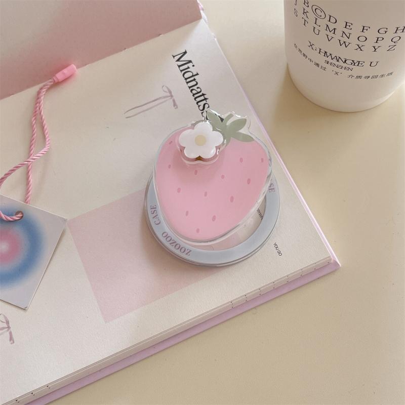 Korean Strawberry Circular MagSafe Griptok Cell Phone Holder - Rotatable Ring Stand, MagSafe Attachment, Mobile Accessory for iPhone 15 Wireless Charging Case
