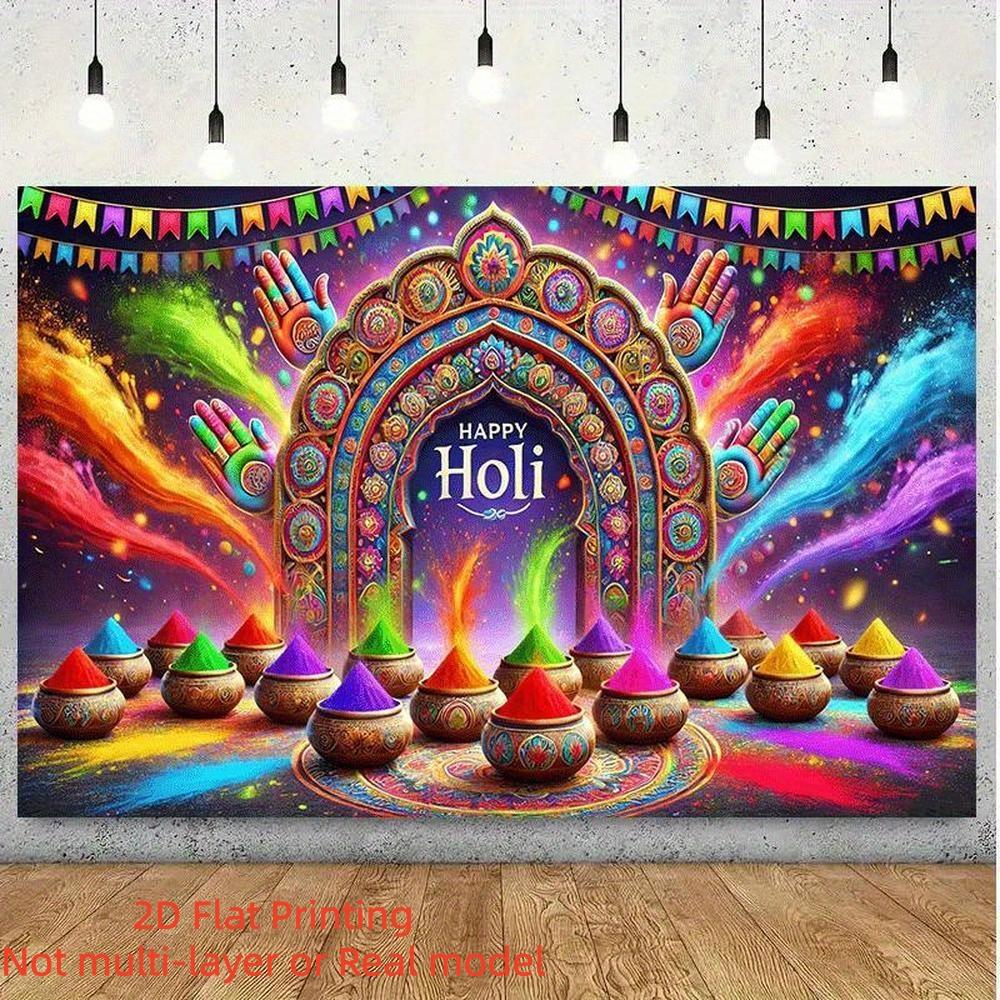 2D Flat Banner Vibrant Holi Festival Celebration Backdrop, Traditional Indian Design on Colorful Polyester Banner for Indoor & Outdoor Parties, Home & Garden Events