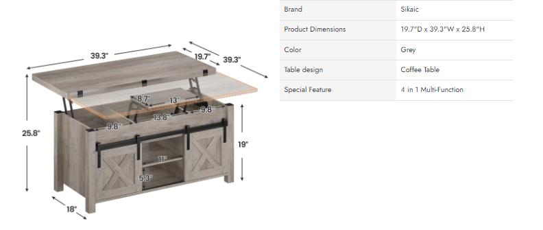 Sikaic Lift Top Coffee Table, 4 in 1 Multi-Function Convertible Coffee Tables with Storage and Hidden Compartment, Farmhouse Coffee Table Converts to Dining Table for Living Room