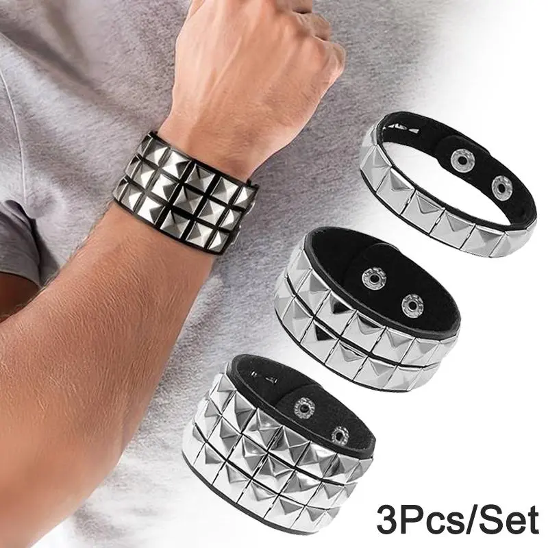 3Pcs Punk Multi-layer Spiked Studded Bracelet Set, Punk Rock Leather Bracelet for Women Men, Stackable Bracelet, Spiked Bracelets, Emo Bracelets, Goth Bracelets, Gothic Bracelet, Studded Arm Band Halloween Accessories Wristband Cuff Bangle