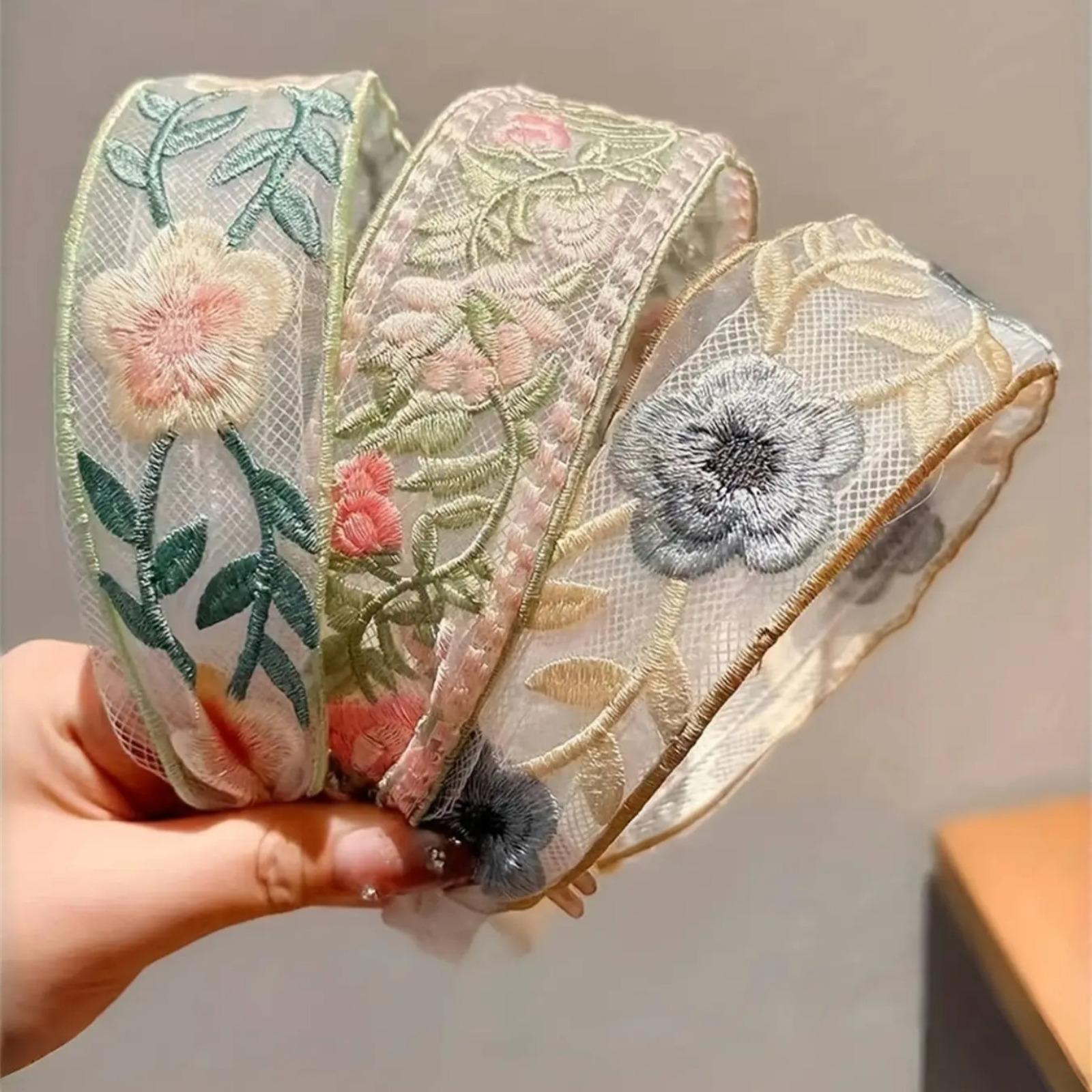 2026 Spring Summer Ethnic Lace Embroidery Floral Wide Headband, Fluffy High Crown Elegant Ruffle Hair Accessories for Girls Women