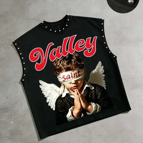 American Street Style Valley Saint Angel Print Rivet Sleeveless Fashion Vest, Knitted Tank Vest, Trendy Streetwear Oversize Men's Top, Fitted Graphic Pop Art Print Design