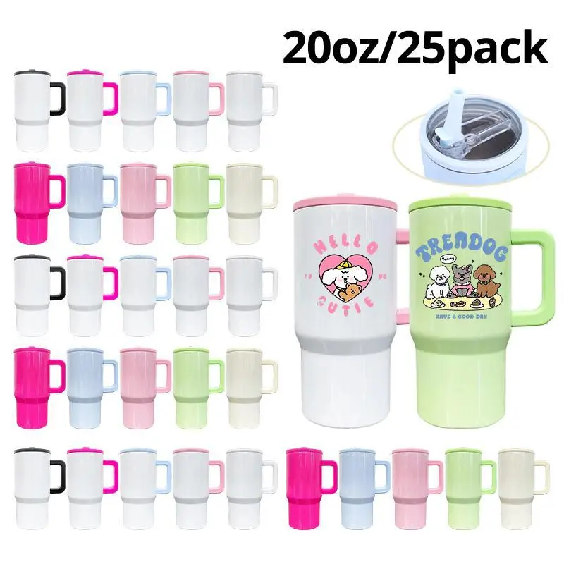 25pack Wholesale 20oz Macaron Mug with Flip Lid, Straw and Handle, 20oz Sublimable 304 Stainless Steel Tumbler, for DIY, Custom & UV DTF Wraps