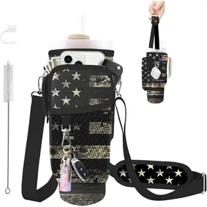 Water Bottle Carrier Bag for Stanley Cup 40/30oz, Neoprene Water Bottle Holder Pouch with 3 Pocket Adjustable Shoulder & Hand Strap
