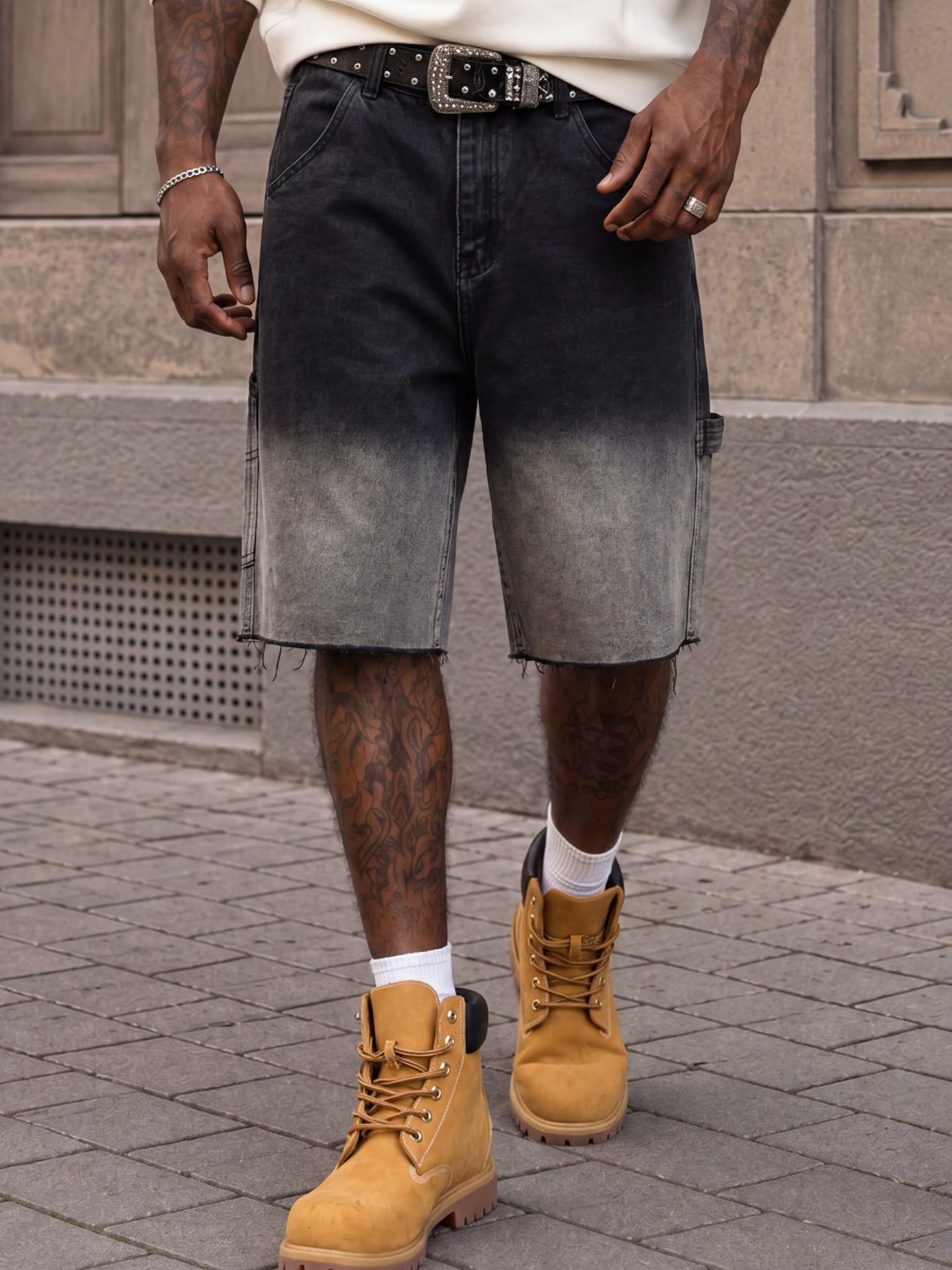 Men's Black Gray Gradient Washed Loose Denim Shorts, Knee-Length Frayed Hem Cargo Jorts, Vintage Y2K Hip-Hop Skate Streetwear Summer Casual Men's Denim Shorts, Suitable as an Everyday Outfit Gift for Husband or Boyfriend