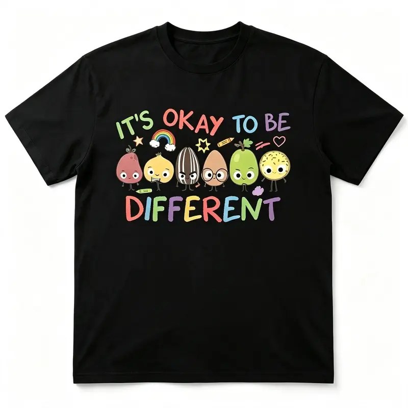 Women's Round Neck Shortsleeve Loose Graphic Tee, Cute Fruit "It’s Okay To Be Different" Positive Cotton Top, Summer Casual White Cold Wash Sports Top, Women's Graphic Tees, Fruit Graphic