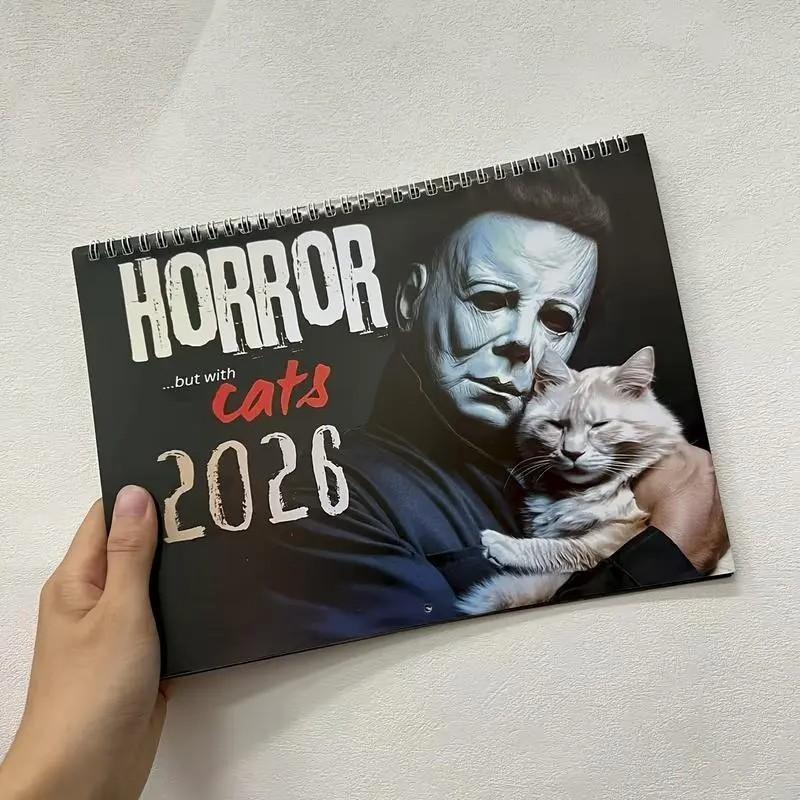 2026 Horror Cat Calendar, Funny Horror Movie Villains and Kitties Wall Planner, 12-Month Scary Cute Home Decor, Fun Gift for Film Lovers