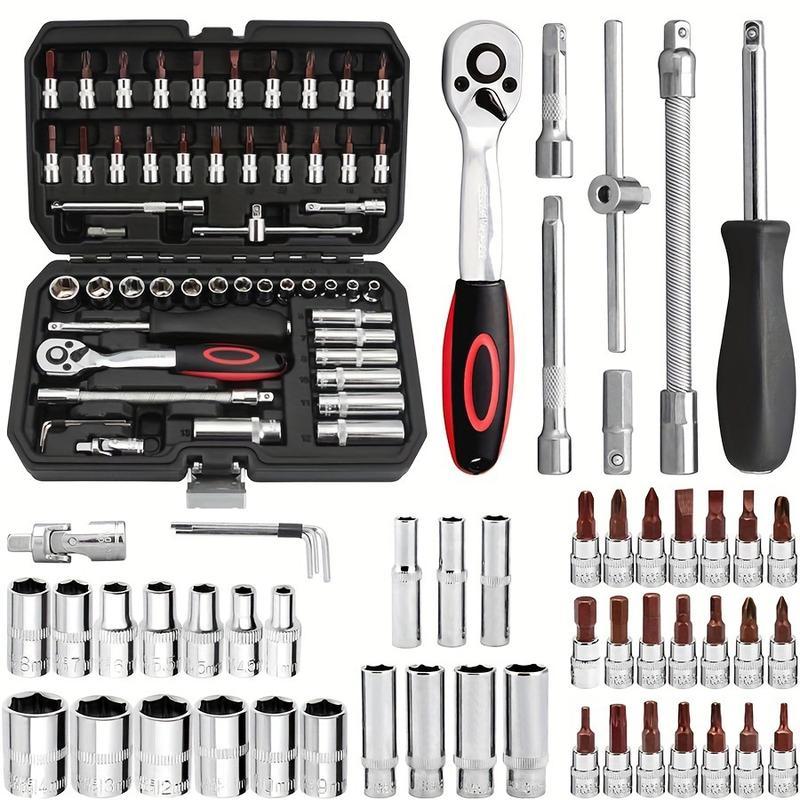 46pcs Tools Set, Car Repair Machinery Tools, Automotive Repair Tool Kit With Multifunctional Socket Wrench for Car, 1/2 * 1/4 * 3/8" Drive Depth And Standard Socket, Ratchet Torque Wrench Screwdriver Socket Combination Tool, Easter Gifts for Husband
