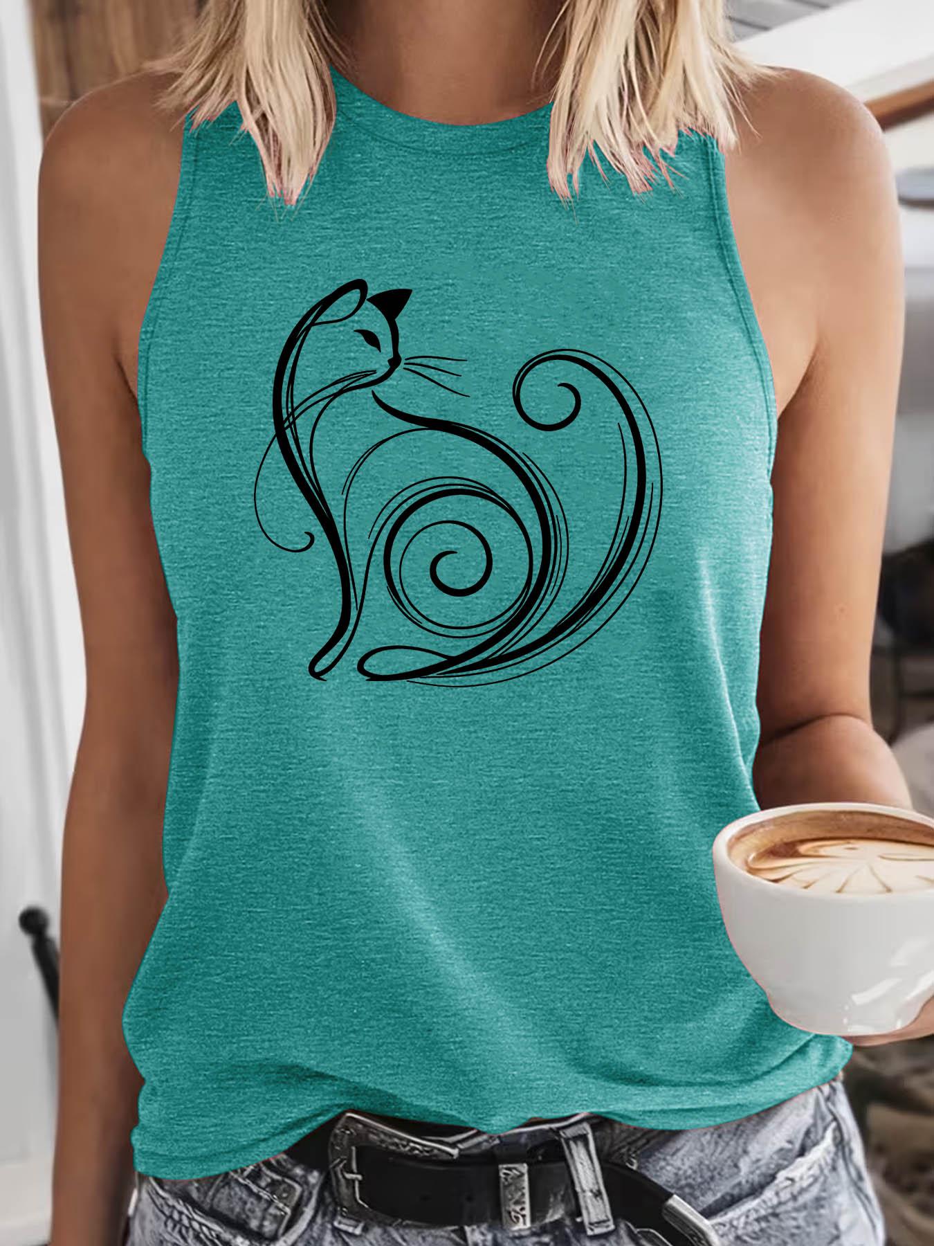 Women's Crew Neck Sleeveless Tank Top, Sleeveless Printed, Artistic Cat Line Art Print, Multiple Colors Available, Machine Washable, Spring & Summer Top, Soft Skin-Friendly Fabric, Daily Versatile, Fashion Design