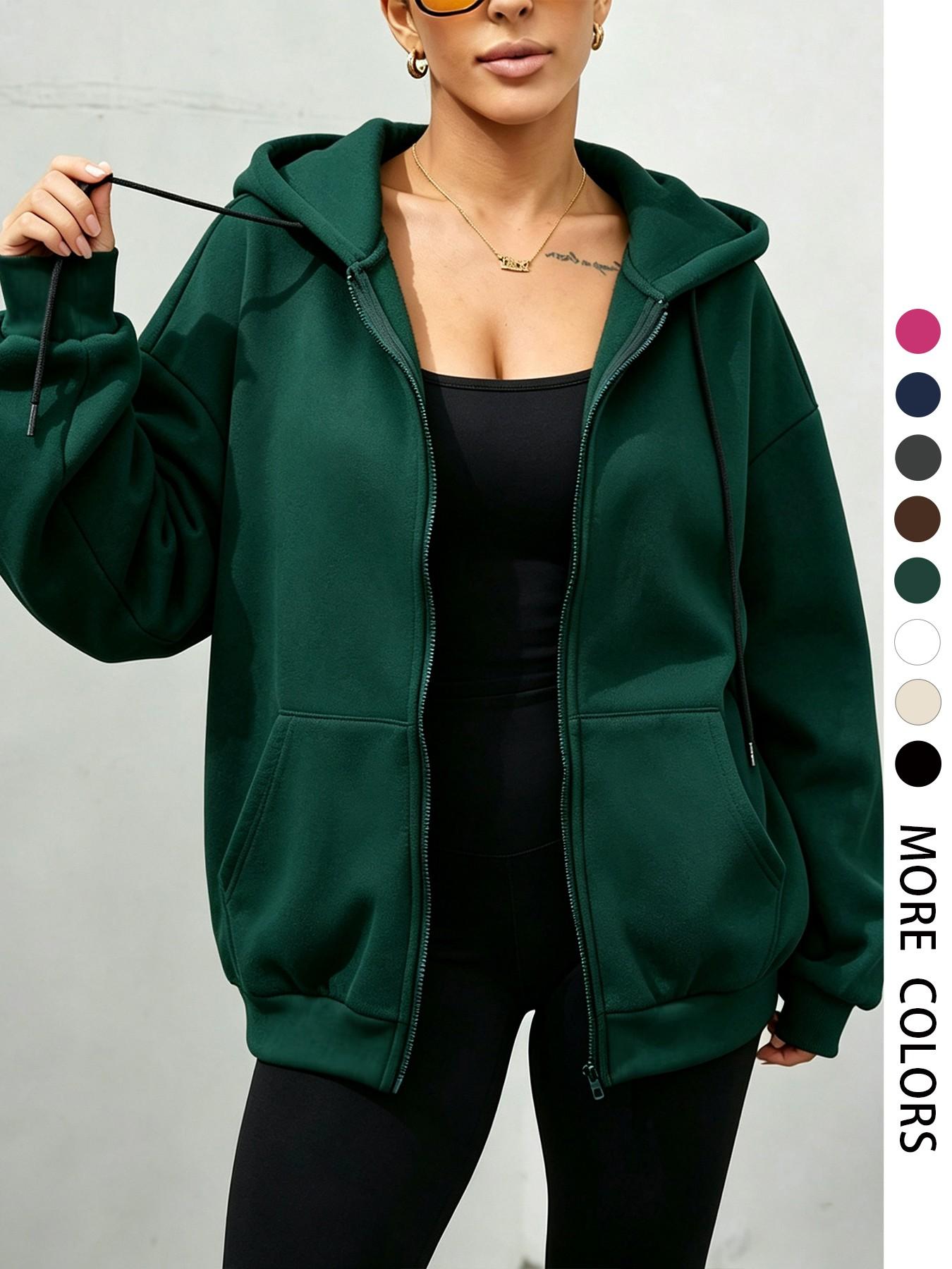 Women's Zipper Drawstring Hoodie, Long Sleeve Pocket Detail, Loose-Fit Casual Sweatshirt for Fall & Winter, Outdoor & Daily Wear