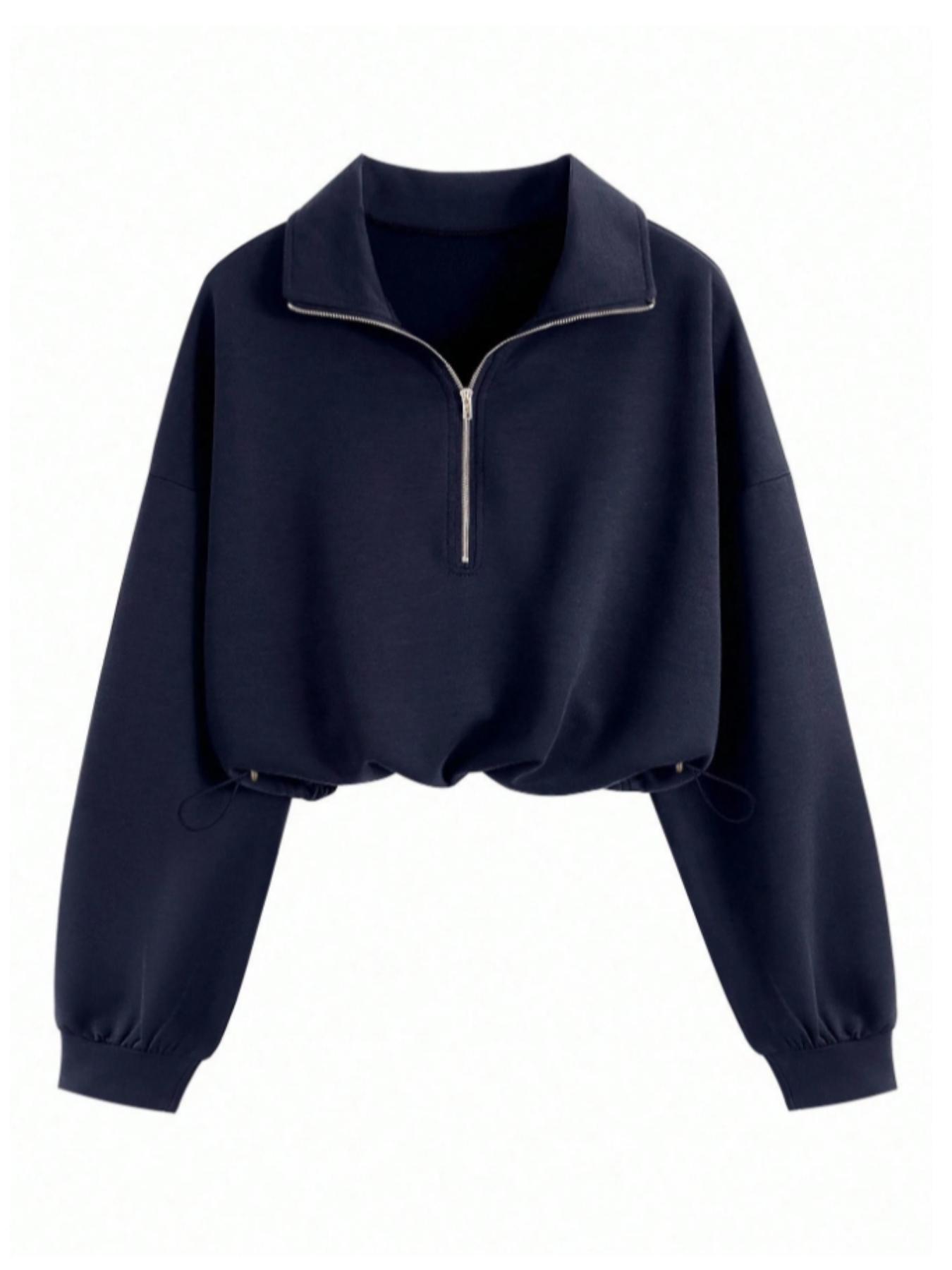 Women's Fashion Aesthetic Adjustable Drawstring Half-Zip Sweatshirt, Slim Fit Fitted Solid Color Basic Short Top, Casual Stylish Ladies' Pullover