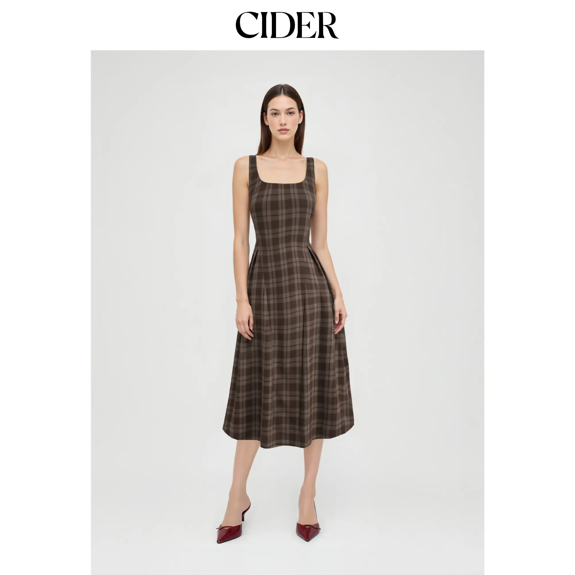 Cider Square Neck Check Pleated Zipper Maxi Dress