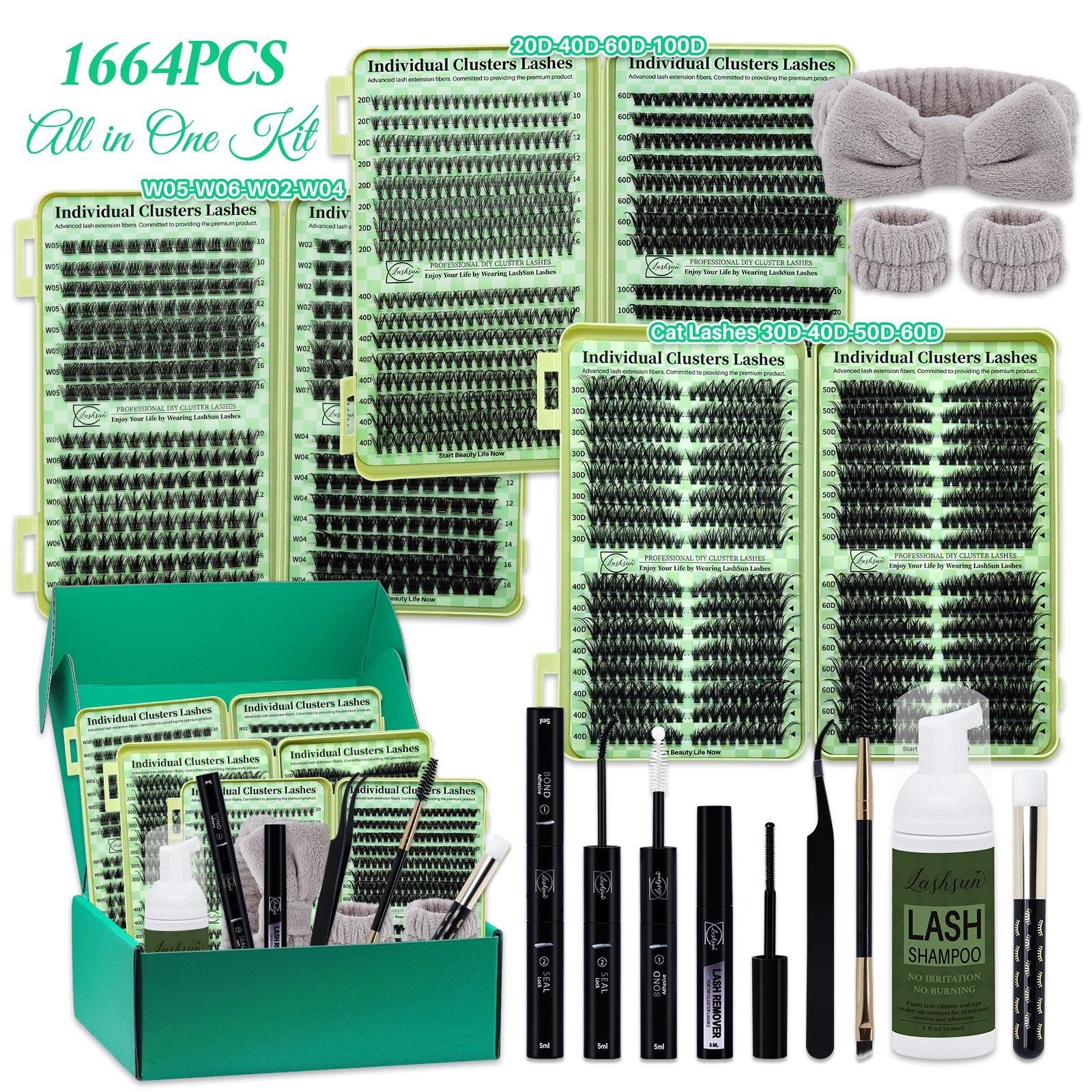 1664 PCS Lash Clusters Kit D Curl 12 Styles Cat/Volume Lashes Book Kit with Bond&Seal Lash Remover Brush Lash Applicator Headband Wristband set and Lash Shampoo&Brush, for Beginners&Proficient, DIY at Home Easily for Makeup Daily, Lashes Extension Set