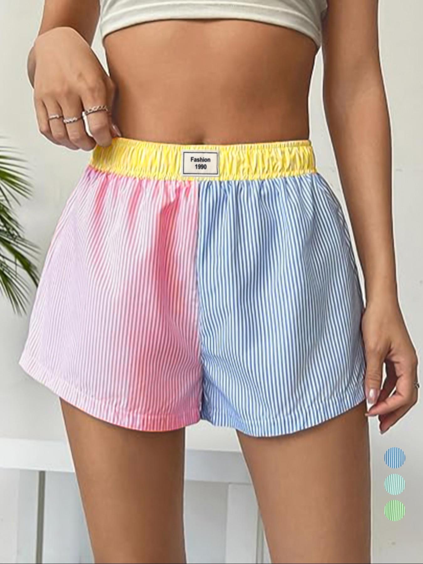 Women's Patchwork & Striped Print Elastic Waist Shorts, Casual Letter Patched Shorts, Women's Bottoms for Daily Wear