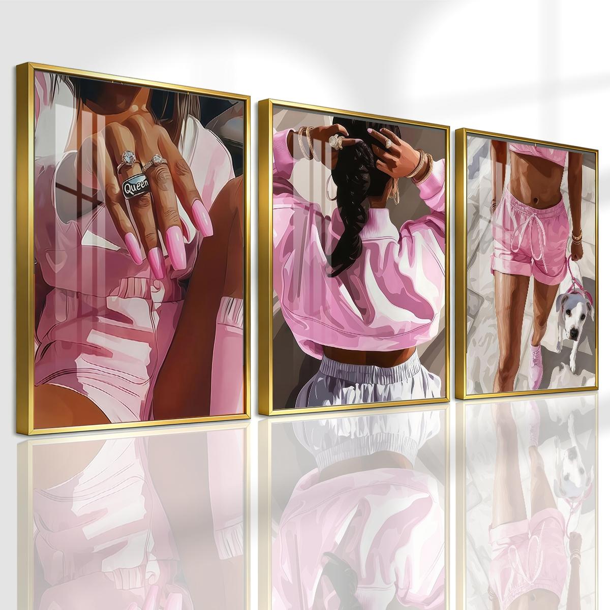 3 Counts Aluminum Alloy Framed Painting, Pink Fashion Woman With Dog And Jewelry Pictures, Home Decoration For Living Room, Bedroom, Office, Restaurant, Hallway Wall Decor, Odorless Print Artwork, Luxury Perfect Gift For Friends And Family