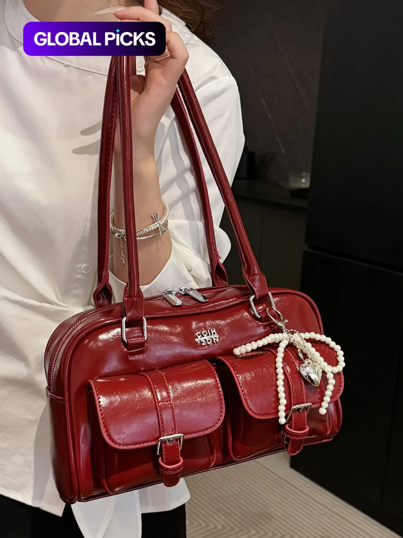 Niche retro patent leather double pocket pearl pendant handbag shoulder bag, Fashionable Versatile Purse, fashionable versatile casual shoulder bag, solid color and multiple colors optional, suitable for daily commuting, shopping and dating