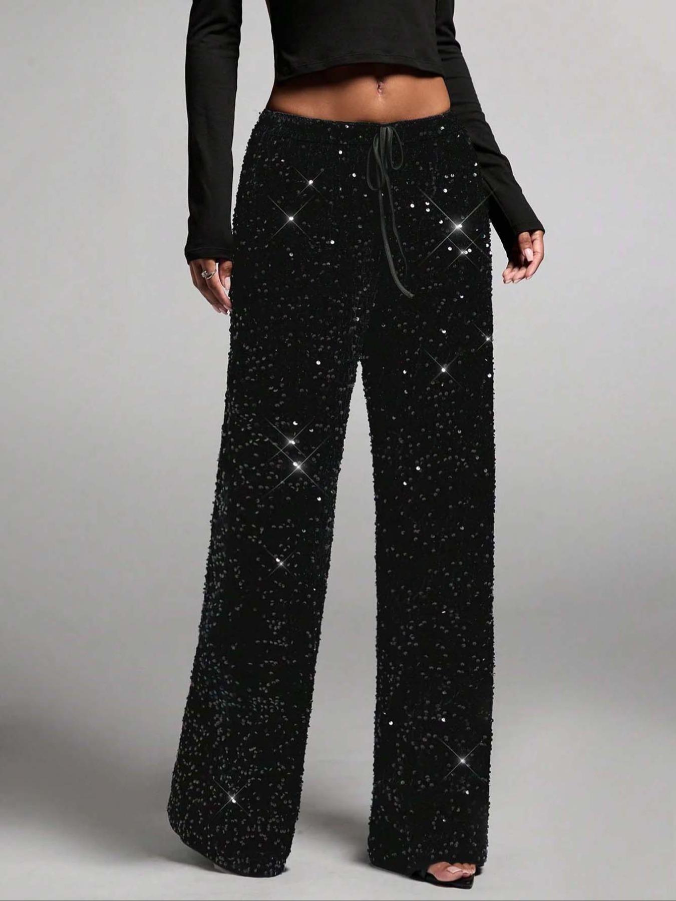 Women's Fashion Pants with Elastic Waistband, Bow Design, Sequins Detailing, Stylish Trousers for Casual Wear