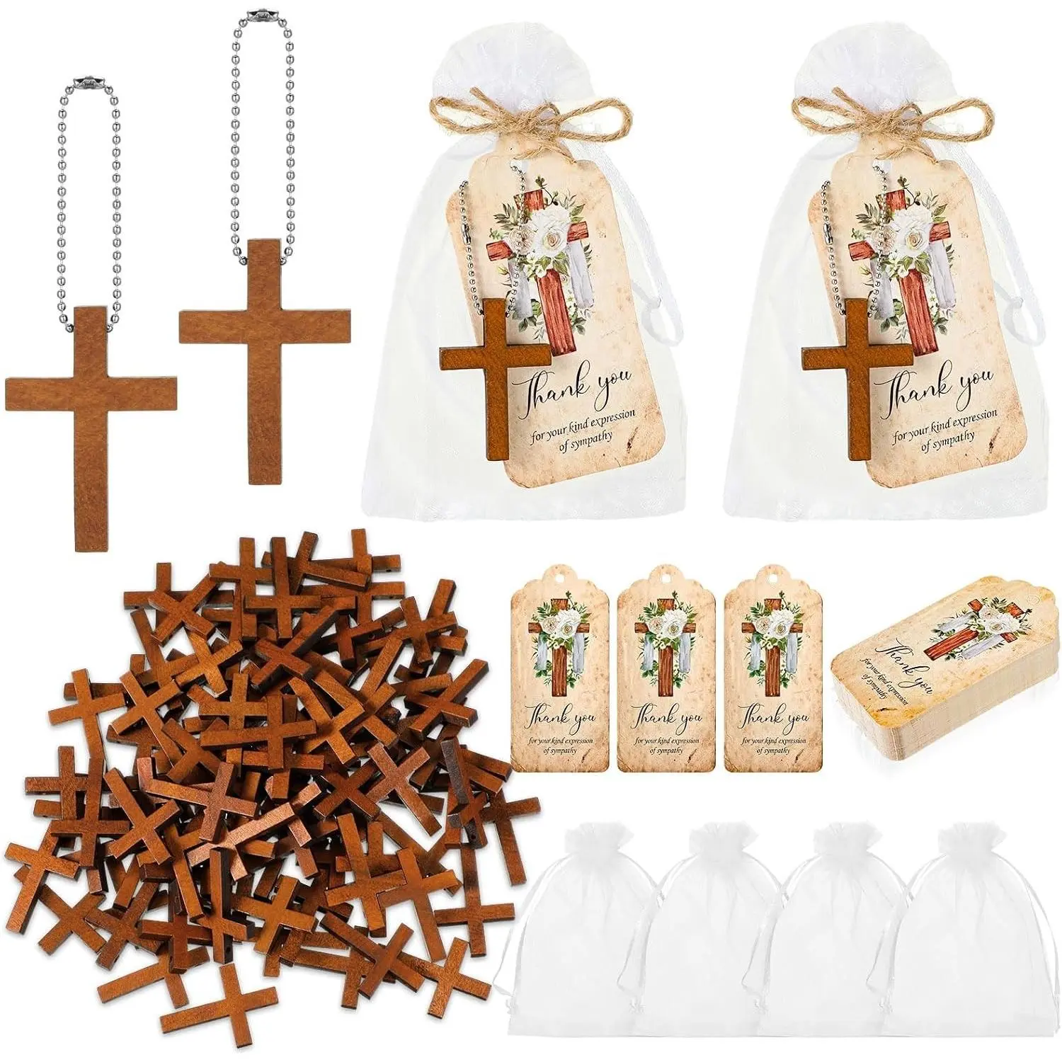 100 Set Funeral Favor for Memorial Service, Includes 100 Wooden Cross Keychain, Funeral Thank You Card, Organza Bag - Sympathy Guest Gift for Remembrance Bereavement Celebration of Life (Cross)