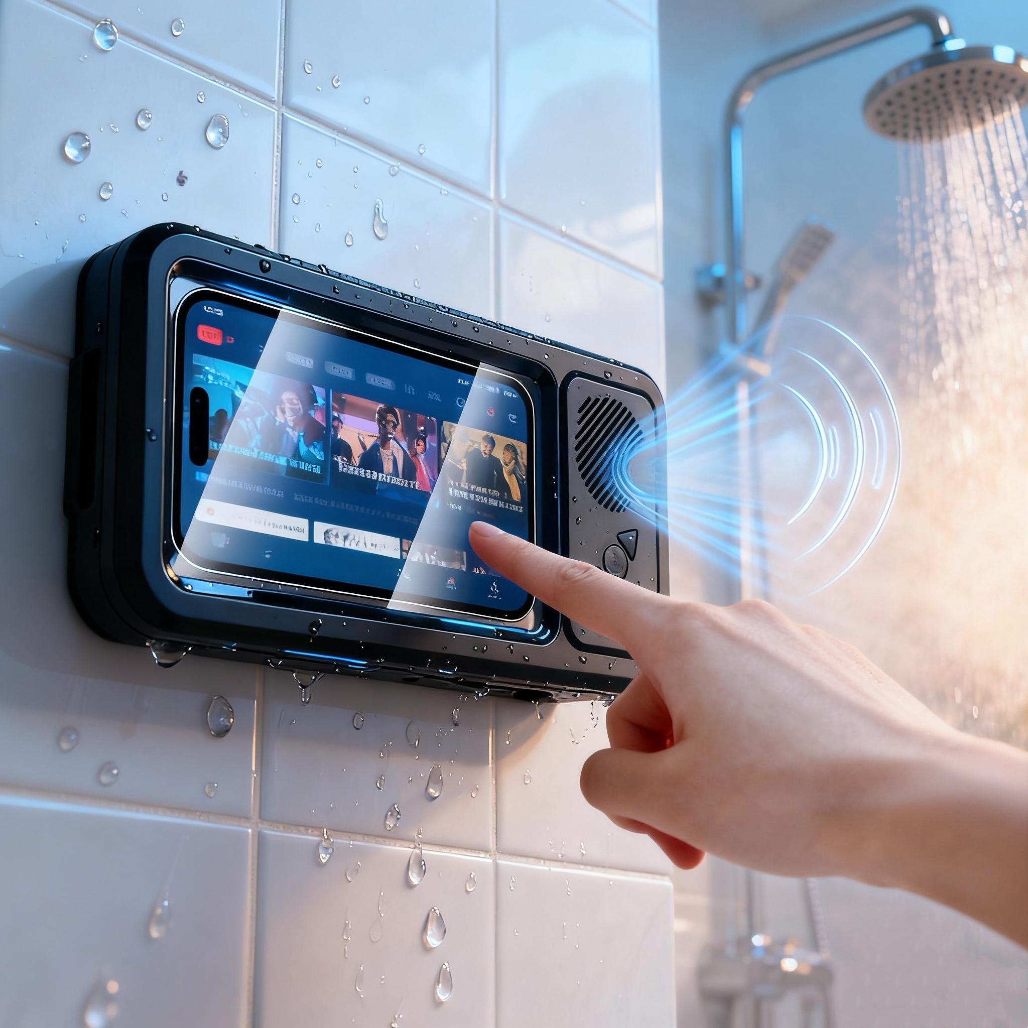Waterproof box speaker, bathroom waterproof 360 ° rotating touch screen, Bluetooth speaker, watch movies, listen to music, phone holder Bluetooth speaker audio shower TV holder, swimming pool, kitchen, bathroom, sink