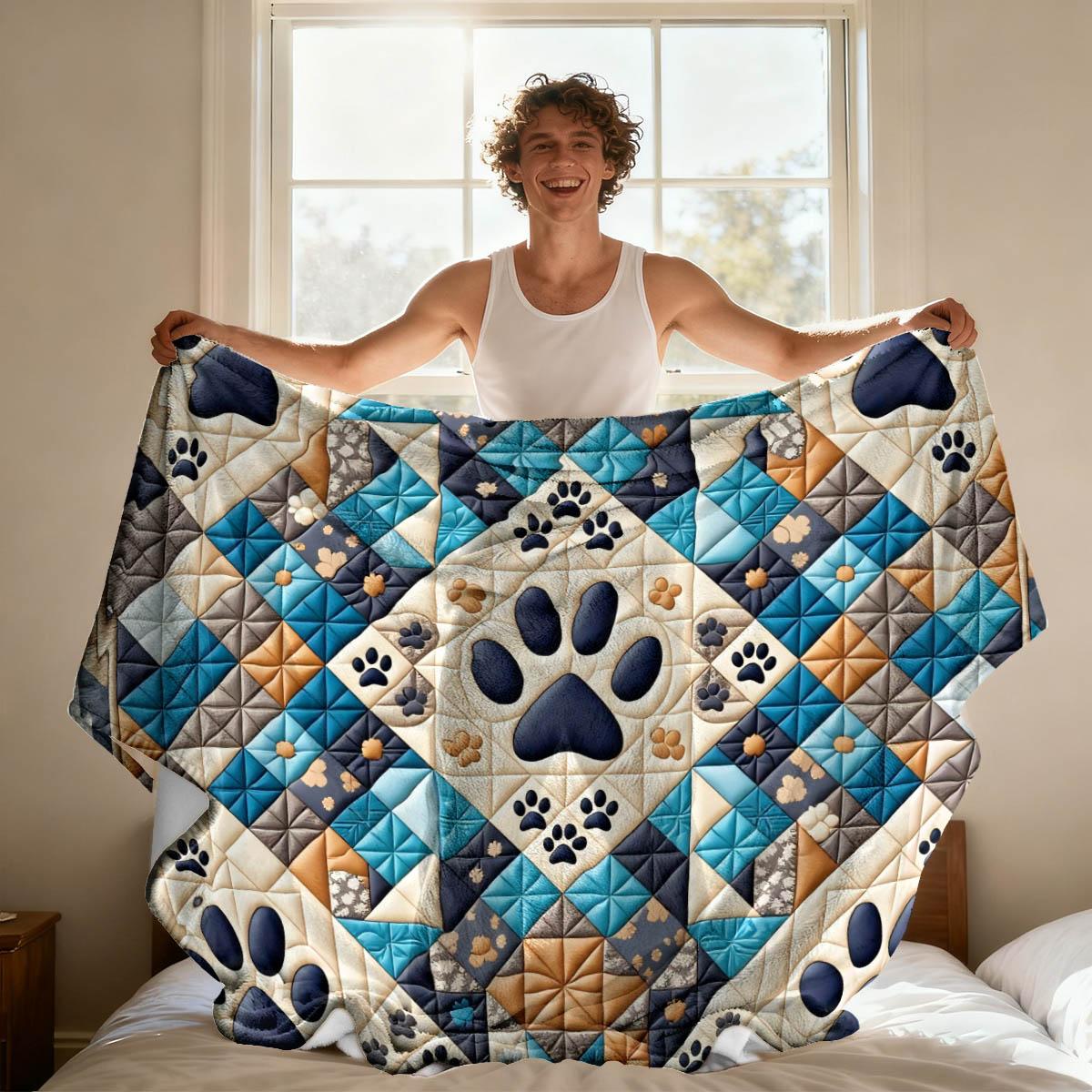 Dog Paw Print Patchwork Blanket, Lightweight Warm Flannel, Soft Breathable, Car Travel Bedroom Cover, Holiday Gift Pet Pad Multi-Use Rug