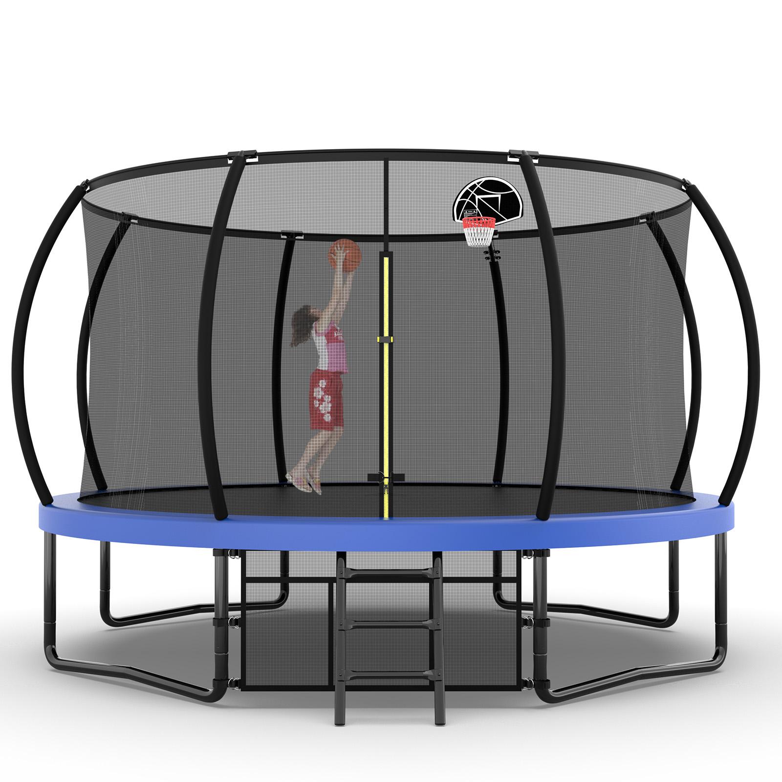 14ft Upgraded Outdoor And Backyard Trampoline For Kids And Adults, Blue Pumpkin Trampoline Design With Curved Pillars And Safety Fence, Comes With Basketball Hoop And Ladder, Blue, Jump Trampoline, Heavy Duty Trampoline, Large Size