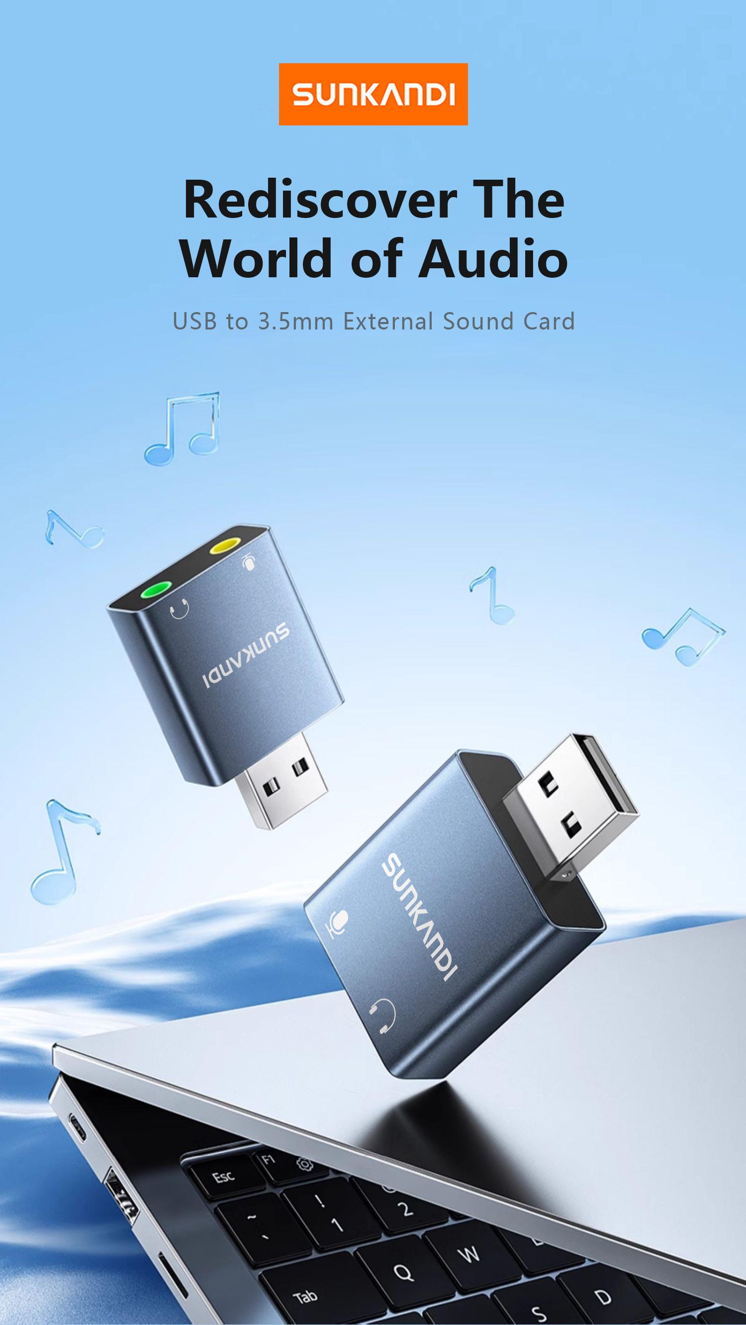 SUNKANDI USB to Audio Jack Sound Card Adapter with 3.5mm Headphone and Microphone USB to Aux 3.5mm External Audio Converter for Windows Mac Linux PC Laptops Desktops PS5 Switch 2