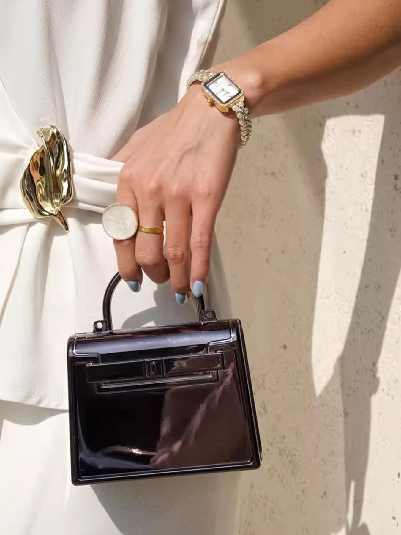 Spring Summer Glossy Acrylic Mini Bag, Kelly Platinum Small Square Bag, Party Handbag, Retro Lock Clutch, Lady Chain Wallet, Evening Box Bag