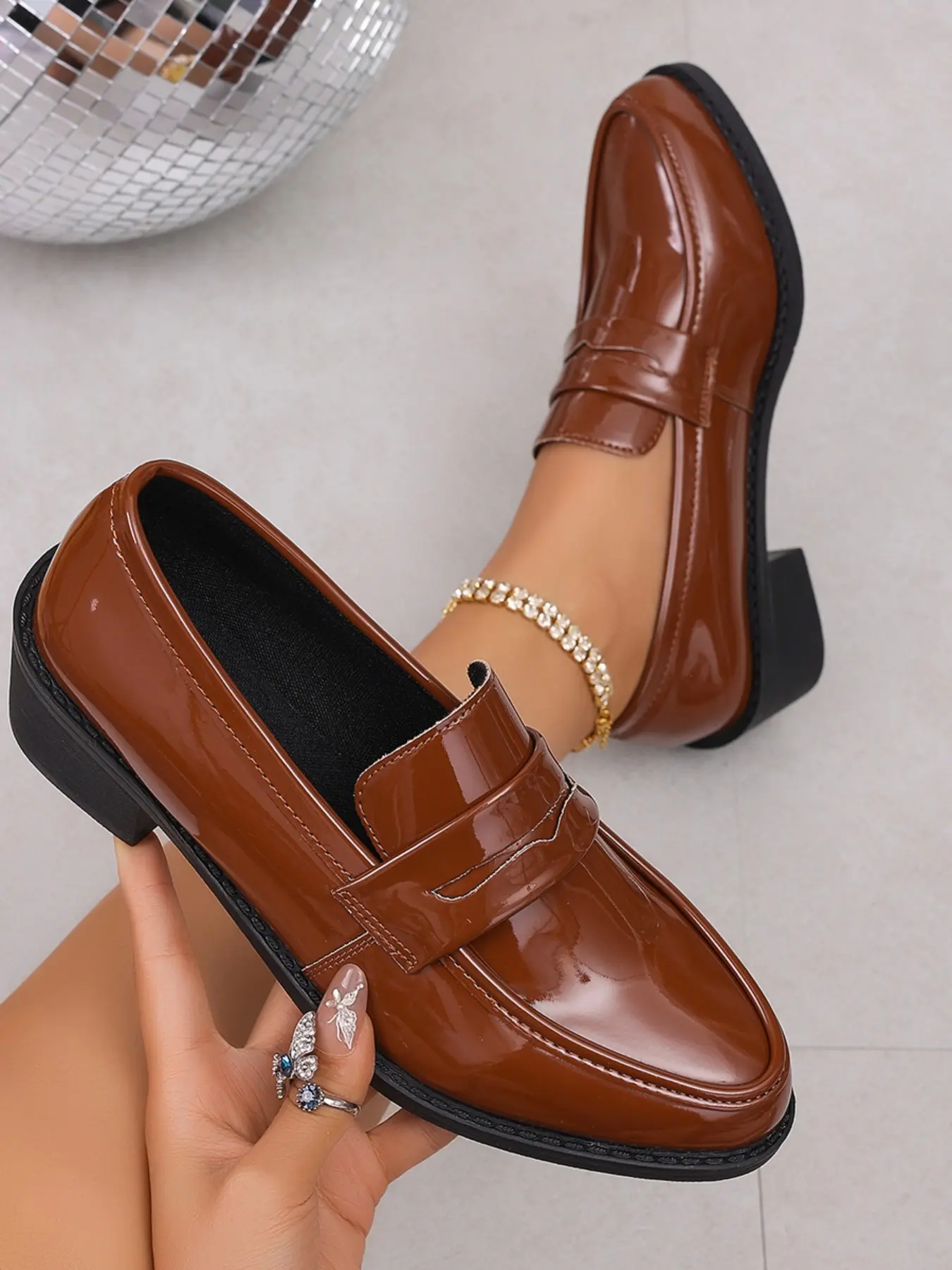British Style Women Leather Mid Heel Loafers, Basic Large Size Chunky Heel, Casual Round Toe Slip-On Shoes for Daily Wear