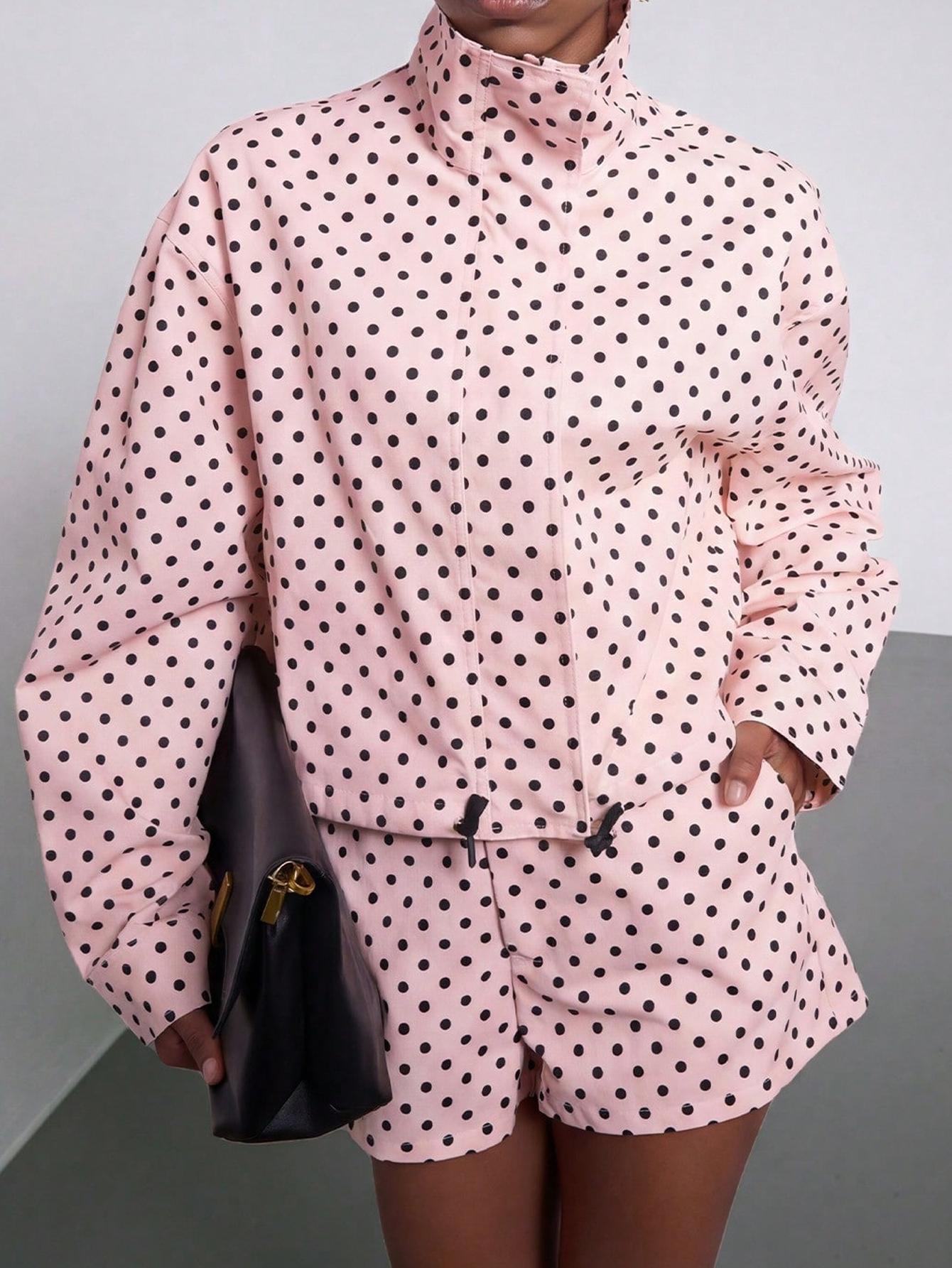 Women's Spring Fall Fashion European Style Stand Collar Vintage Polka Dot Long Sleeve Jacket Pilot Look Outerwear with Polka Dot Shorts Two-Piece Set Blazer Shorts Set