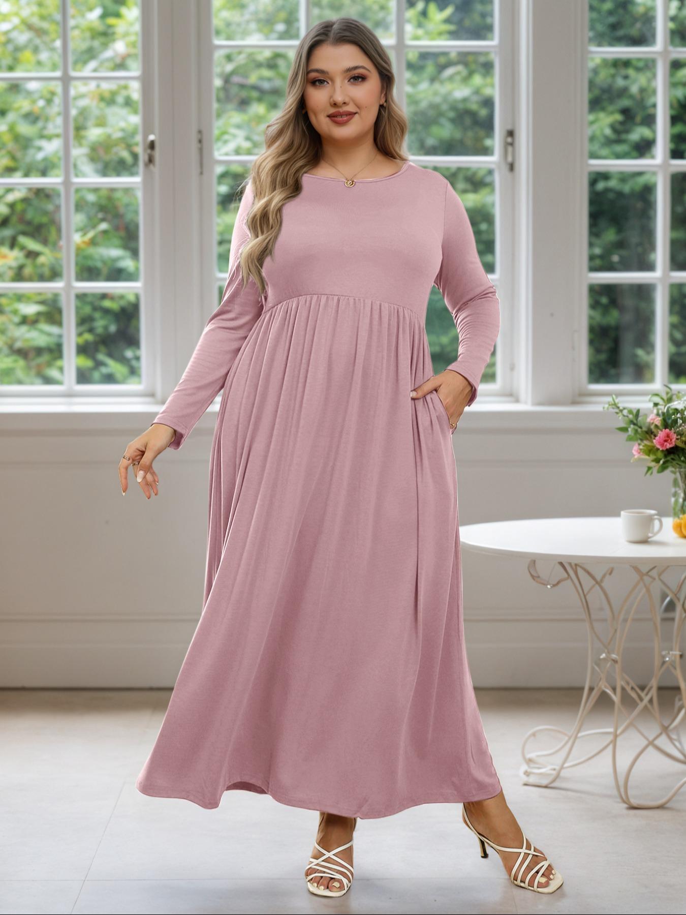 Women's Round Neck Stretchy Casual Maxi Long Plus Size Dress, Perfect for Bridesmaids, Vintage Style Wedding & Party Wear, Comfortable Fabric
