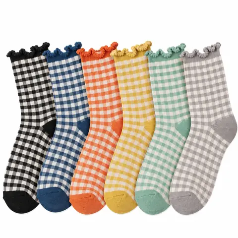 Women's 6-Pack Retro Gingham Check Mid-Calf Socks with Ruffle Cuffs, Crew Socks for Daily Casual & Sports Wear Everyday